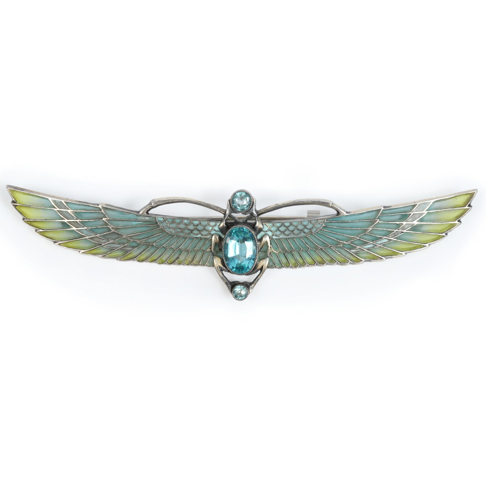 Fabulous Egyptian revival sterling silver Plique-?-Jour enameled scarab brooch with jewel belly and: Fabulous Egyptian revival sterling silver Plique-?-Jour enameled scarab brooch with jewel belly and head Top stone is chipped 4 3/8"W x 1"H