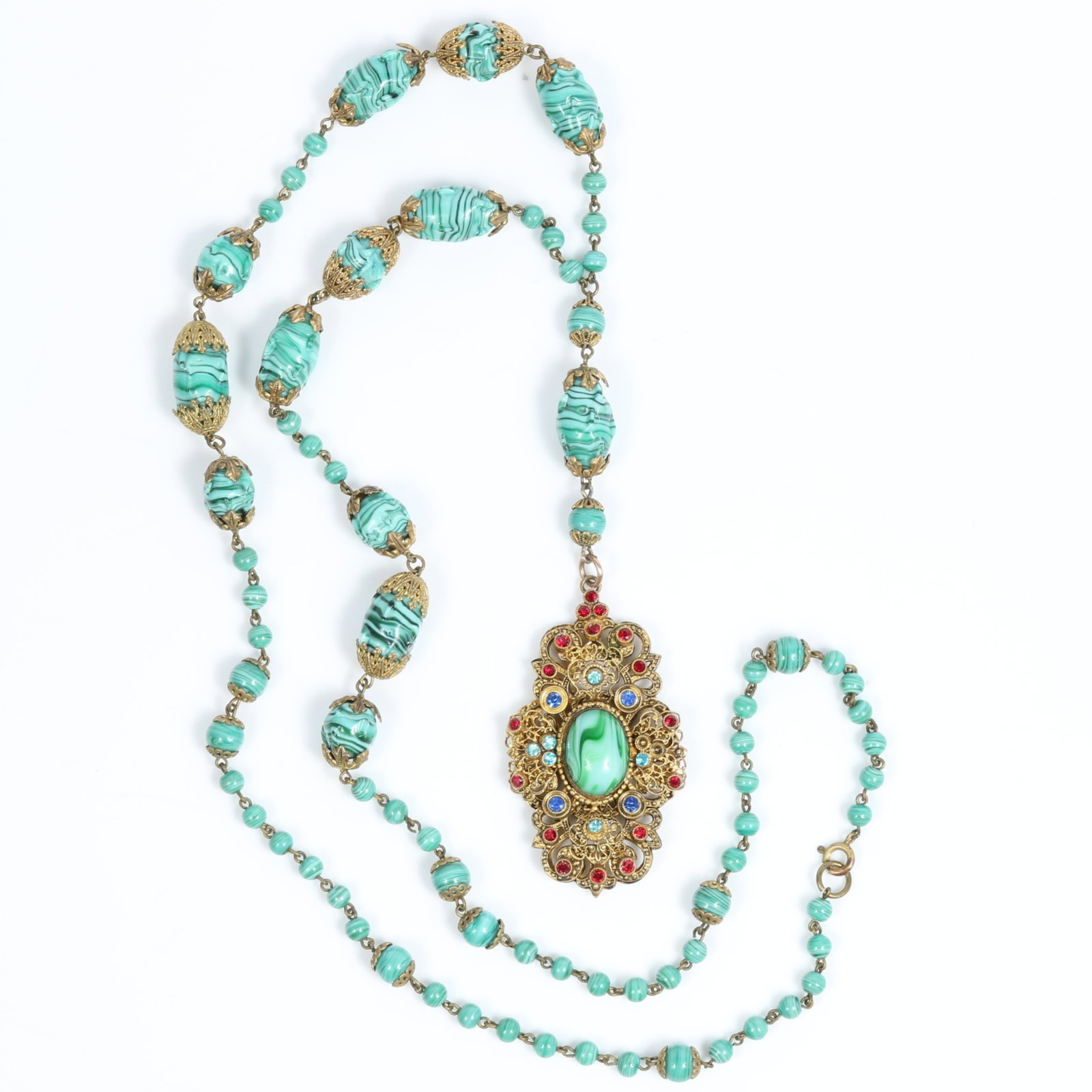 Czech glass green beaded necklace with filigree caps with intricate jeweled pendant 34"L x 5" Drop (1 of 10)