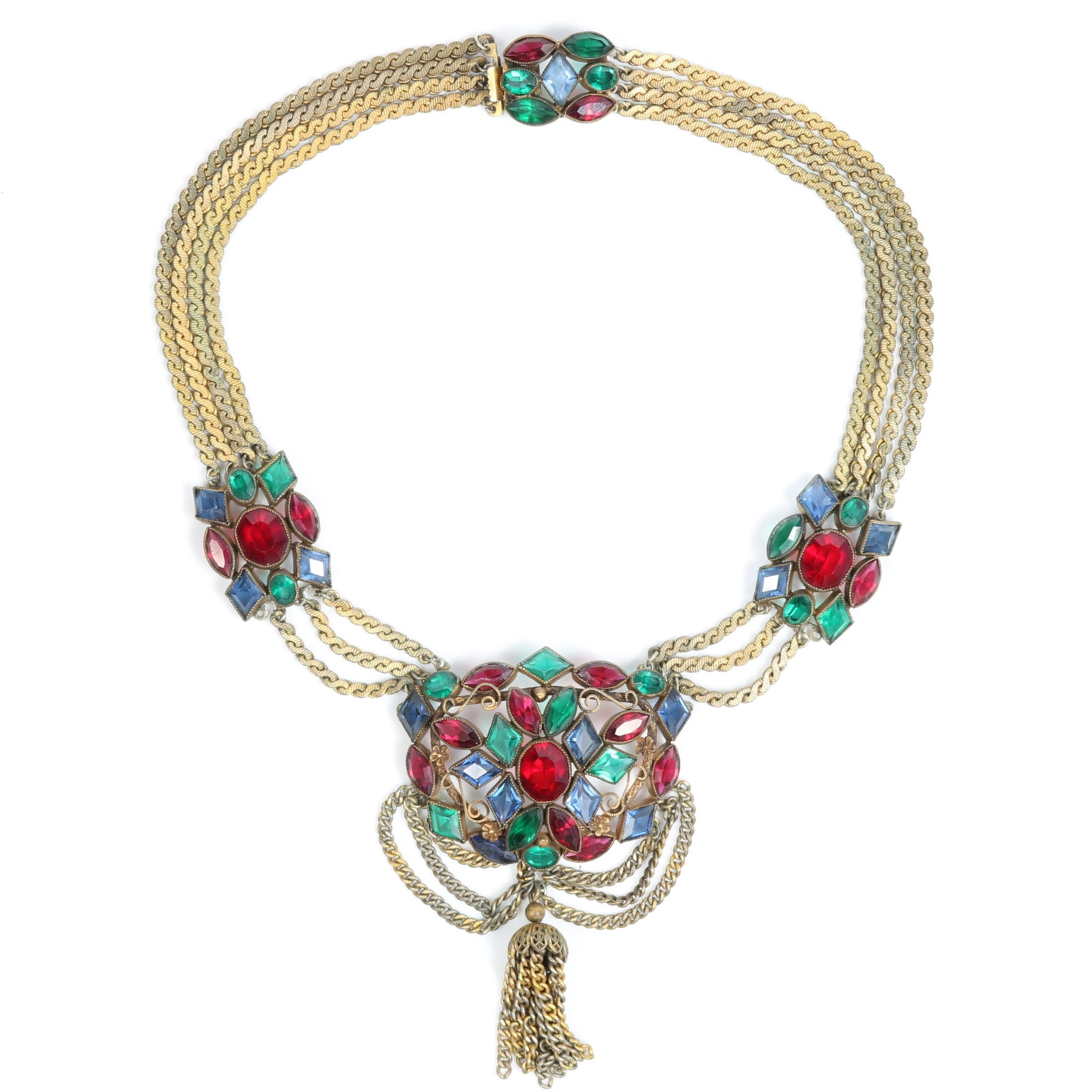 Art Deco large Czech glass swag necklace with jewel-toned stones and fringe detailing 15 1/2"L x 3: Art Deco large Czech glass swag necklace with jewel-toned stones and fringe detailing Provenance: From the private collection of Dr. Claudia Brodhead 15 1/2"L x 3 1/4"Drop