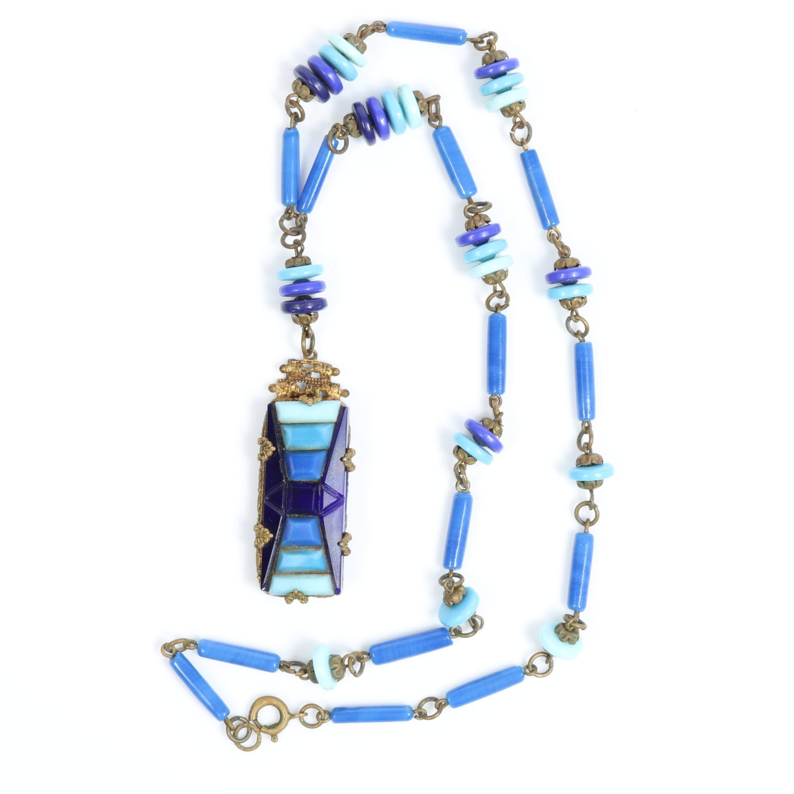 Art Deco Czech glass beaded necklace in various shades of blue with link chain and dimensional (1 of 13)