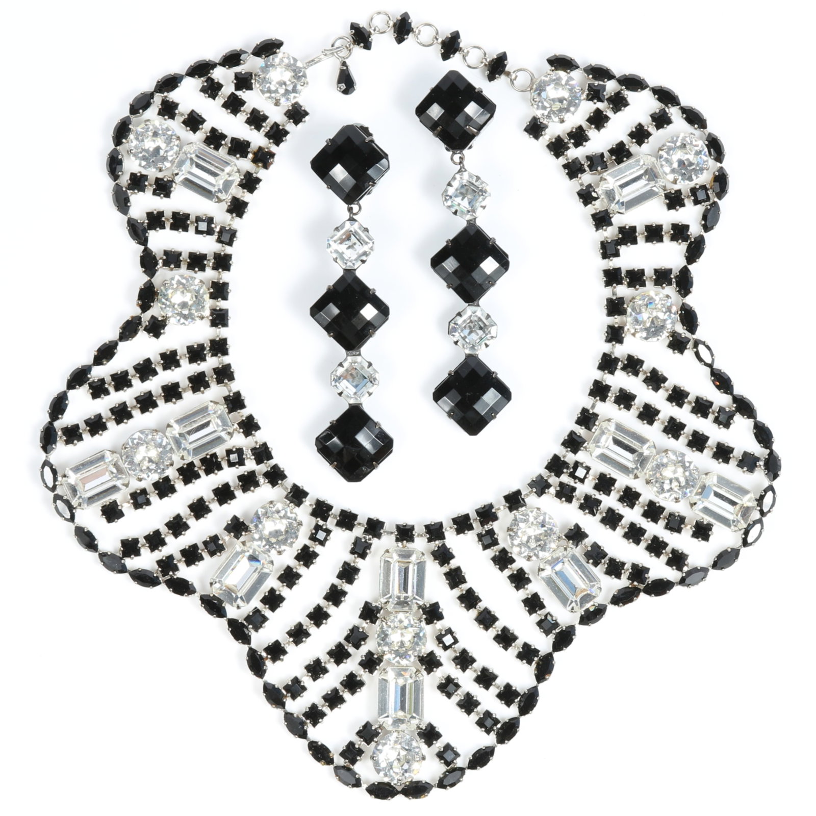Schreiner limited edition statement collar necklace with black and clear crystals and complementary: Schreiner limited edition statement collar necklace with black and clear crystals and complementary signed Schreiner earrings, book piece "Schreiner Masters of Twentieth-Century Costume Jewelry" by Ca