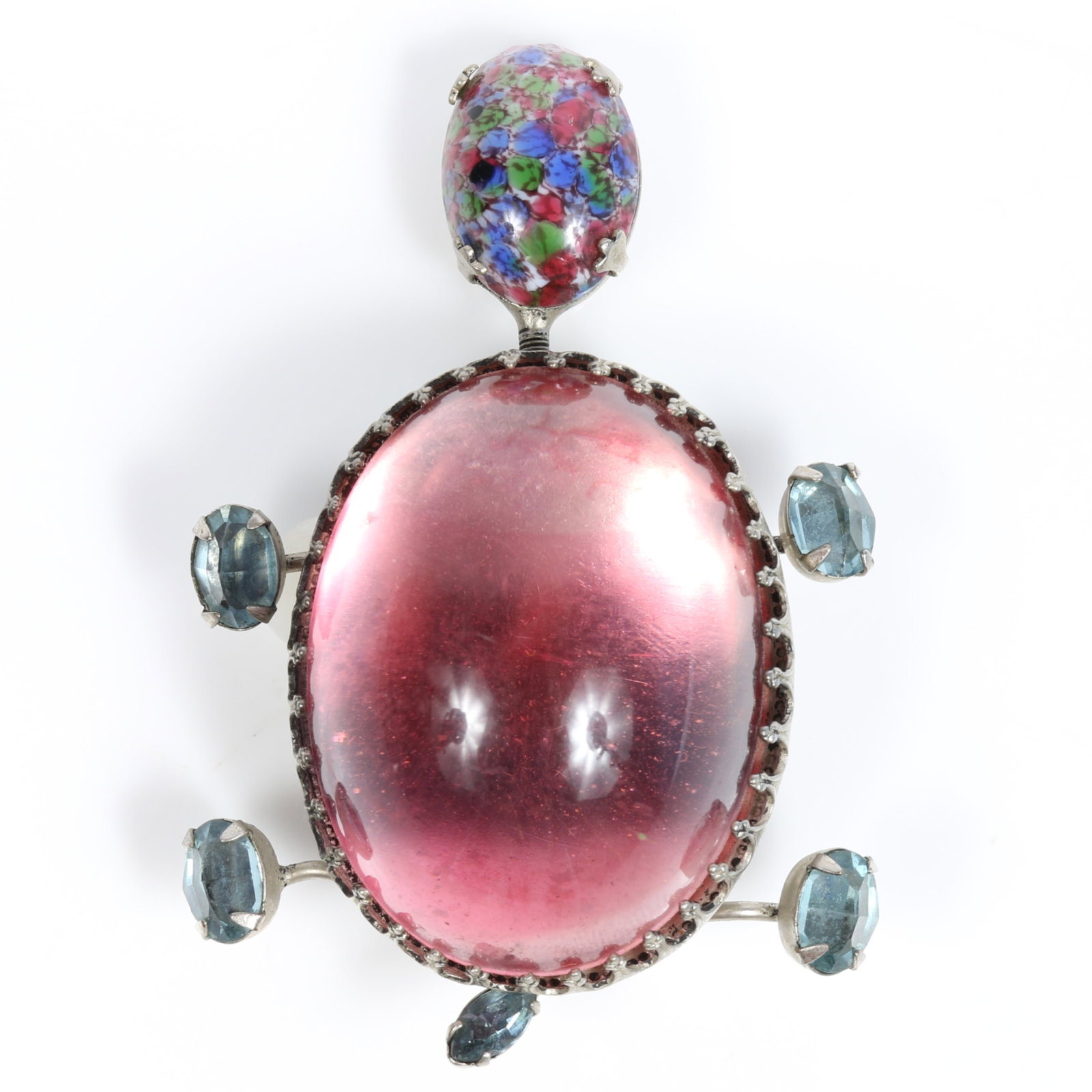 Schreiner New York turtle brooch with trembler art glass cabochon head, large pink Lucite cabochon (1 of 13)