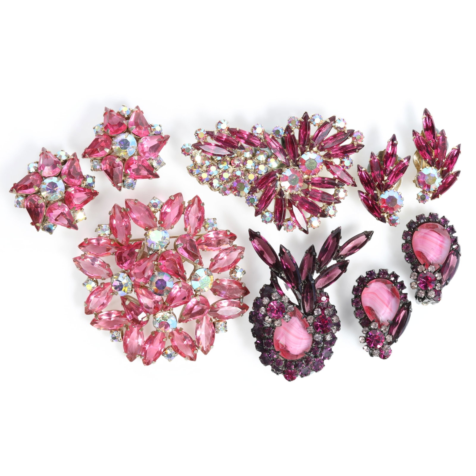 D & E Juliana art glass brooches and earring sets accented with AB rhinestone crystals, navette (1 of 11)