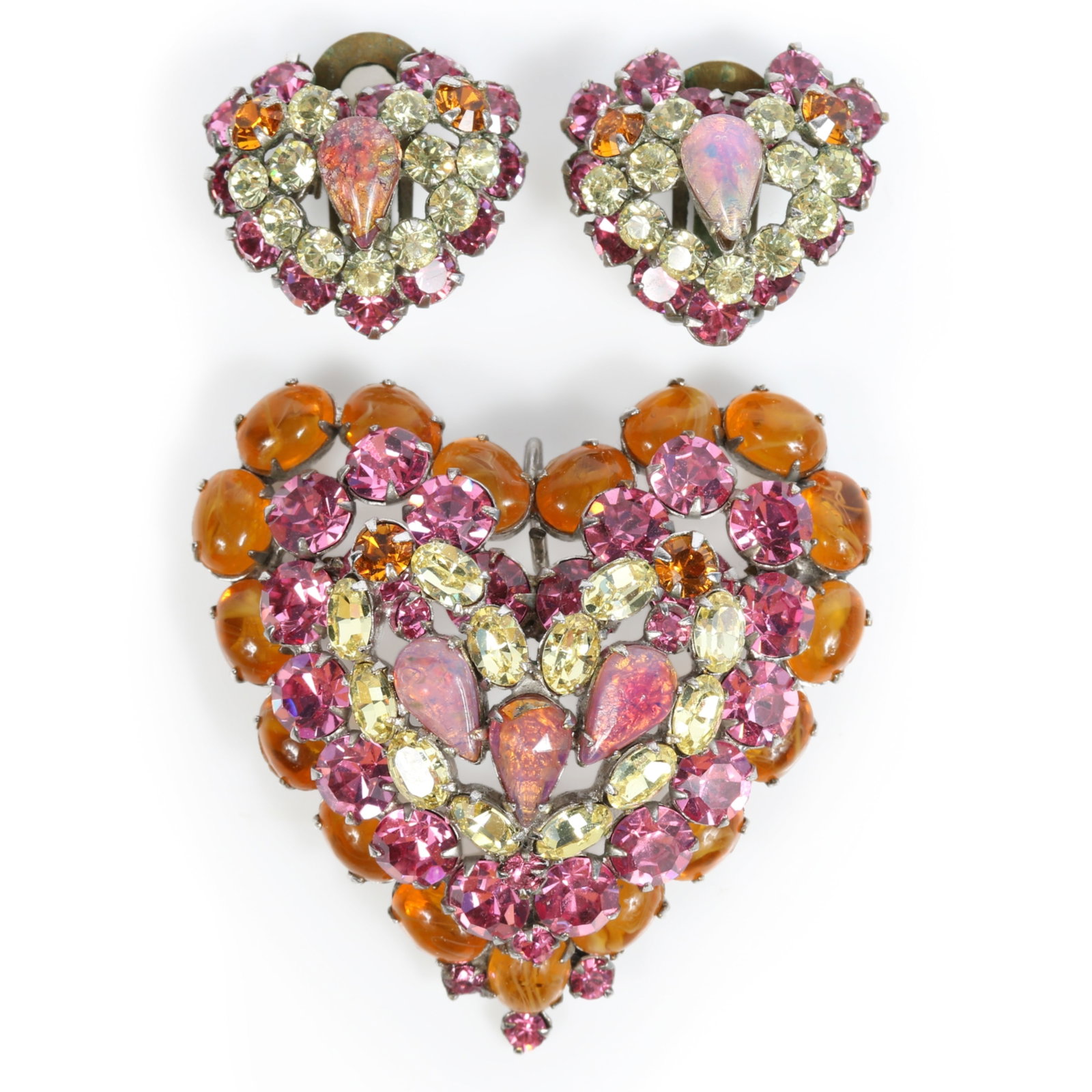Early Schreiner Jewelry N.Y.C. heart pendant brooch and earrings demi parure with pink and orange: Early Schreiner Jewelry N.Y.C. heart pendant brooch and earrings demi parure with pink and orange rhinestones and faux opals 2"H x 2"W (brooch)
