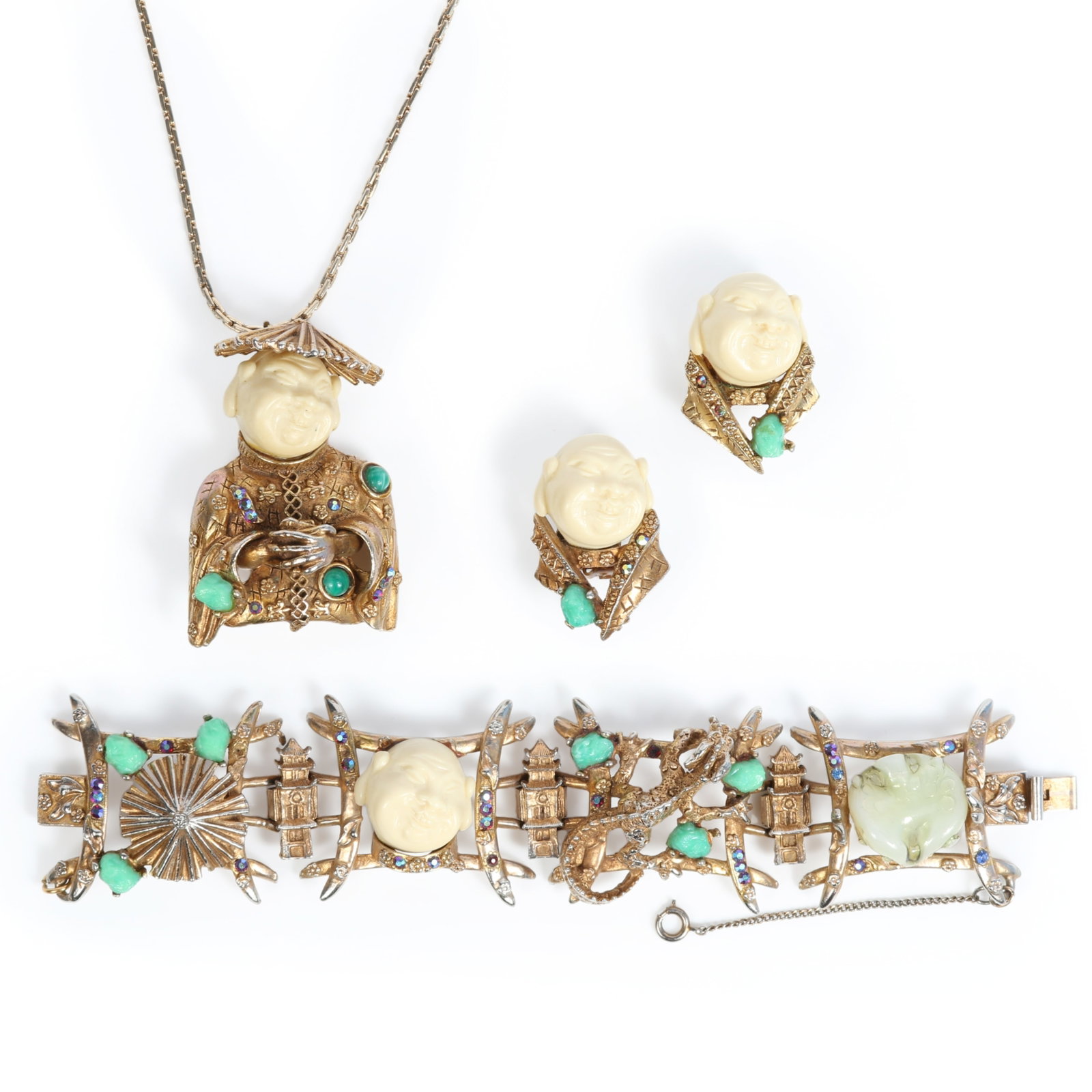HAR laughing buddha figural parure with Peking glass, and faux jade accents. Includes bracelet, (1 of 15)