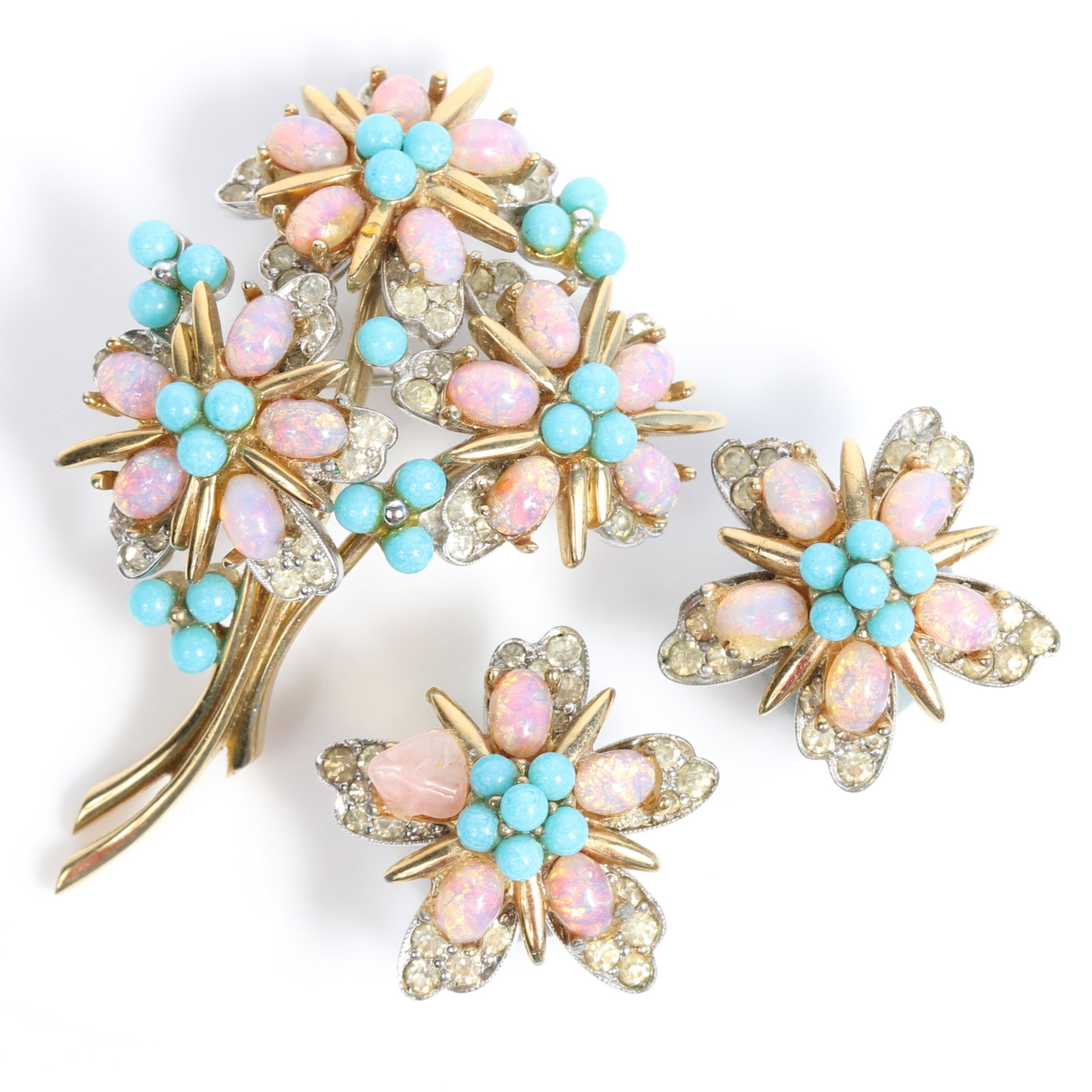 Jomaz opal and turquoise art glass and pave rhinestone bouquet brooch and matching earrings 2 1/2"H: Jomaz opal and turquoise art glass and pave rhinestone bouquet brooch and matching earrings Provenance: From the private collection of Dr. Claudia Brodhead 2 1/2"H x 1 1/2"W (brooch)
