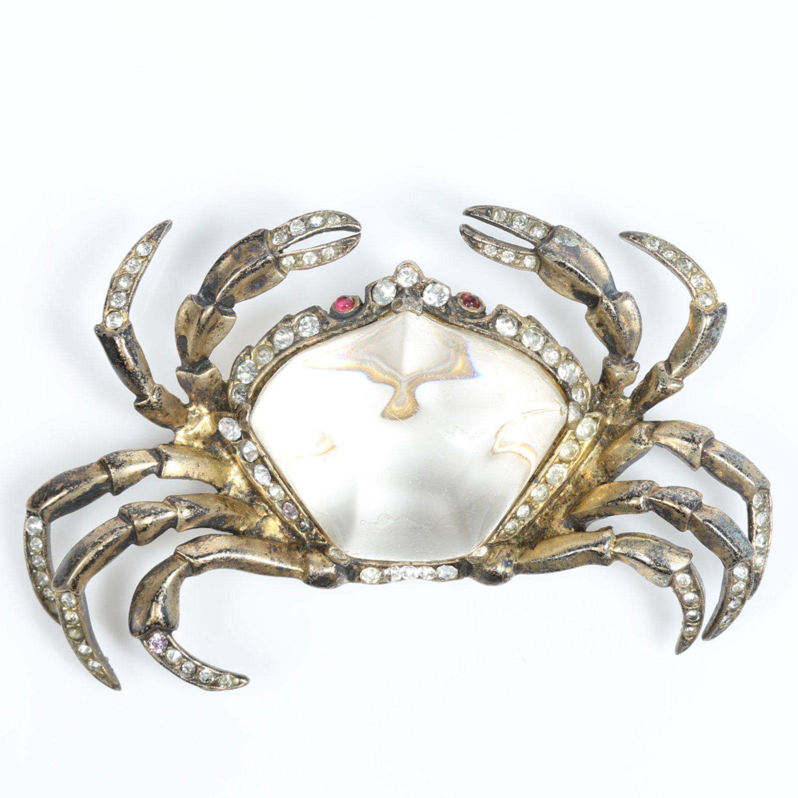Trifari Alfred Philippe 1940's sterling vermeil figural crab jelly belly book piece brooch with ruby: Trifari Alfred Philippe 1940's sterling vermeil figural crab jelly belly book piece brooch with ruby red eyes and pave rhinestone crystals Missing one stone on outer left middle hind leg American Cost