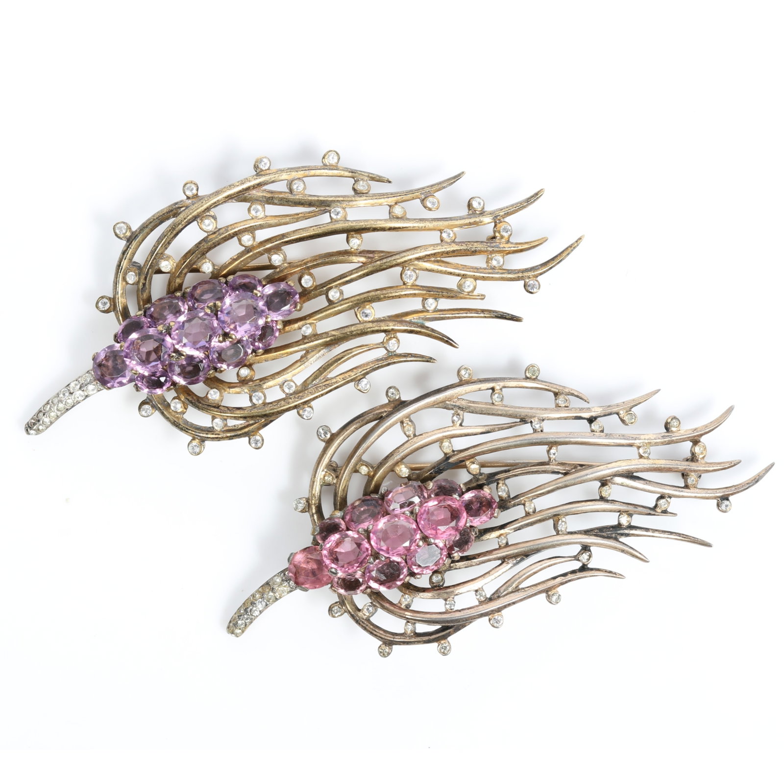 Pair of Trifari thistle flower brooches with gold wash, faceted crystal jewels, and rhinestones 3: Pair of Trifari thistle flower brooches with gold wash, faceted crystal jewels, and rhinestones Provenance: From the private collection of Dr. Claudia Brodhead 3 3/8"H x 1 1/2"W