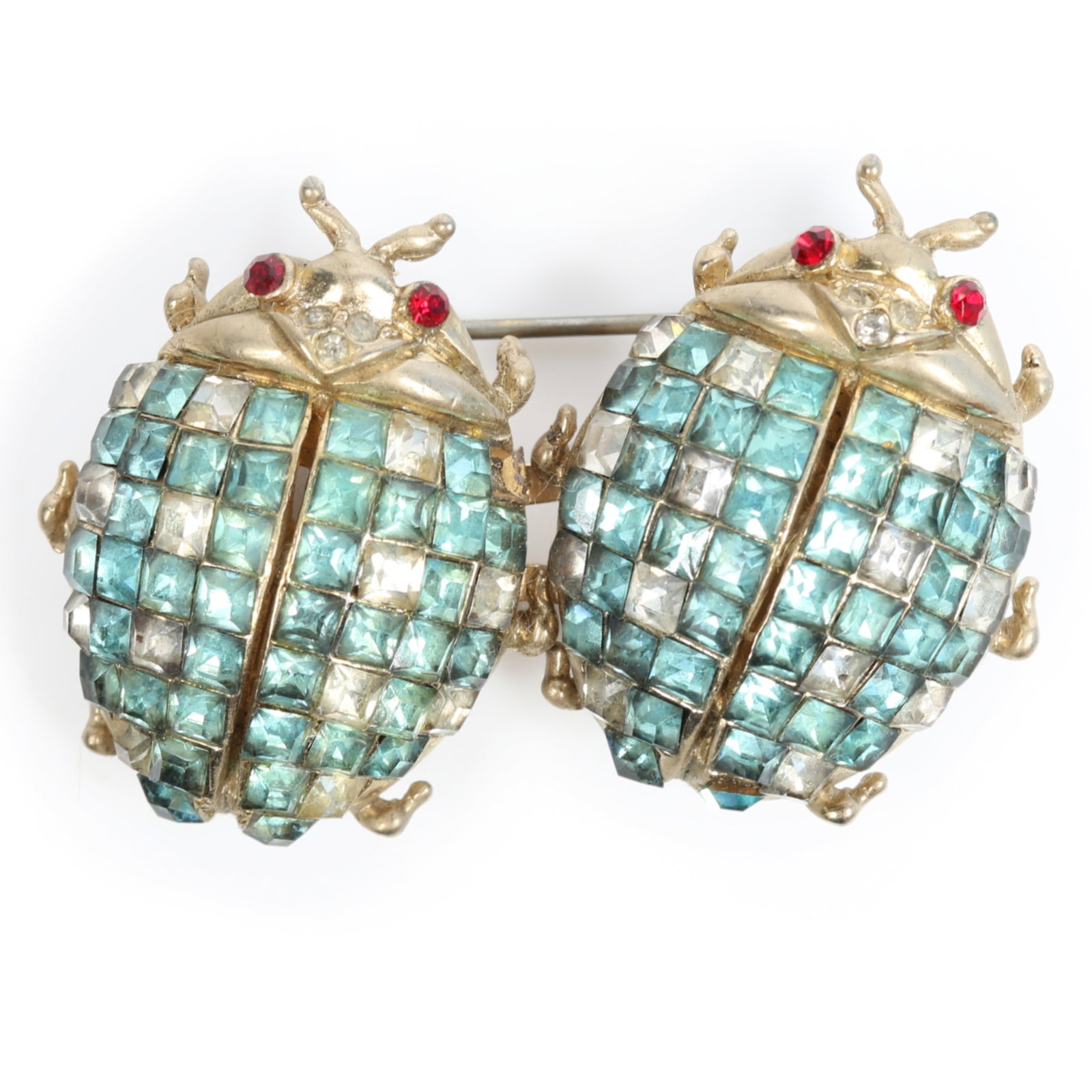 Coro Craft / Corocraft Duette little beetle bugs with light blue and clear rhinestone crystals and: Coro Craft / Corocraft Duette little beetle bugs with light blue and clear rhinestone crystals and red eyes Provenance: From the private collection of Dr. Claudia Brodhead 1 3/4"W 1 1/8H