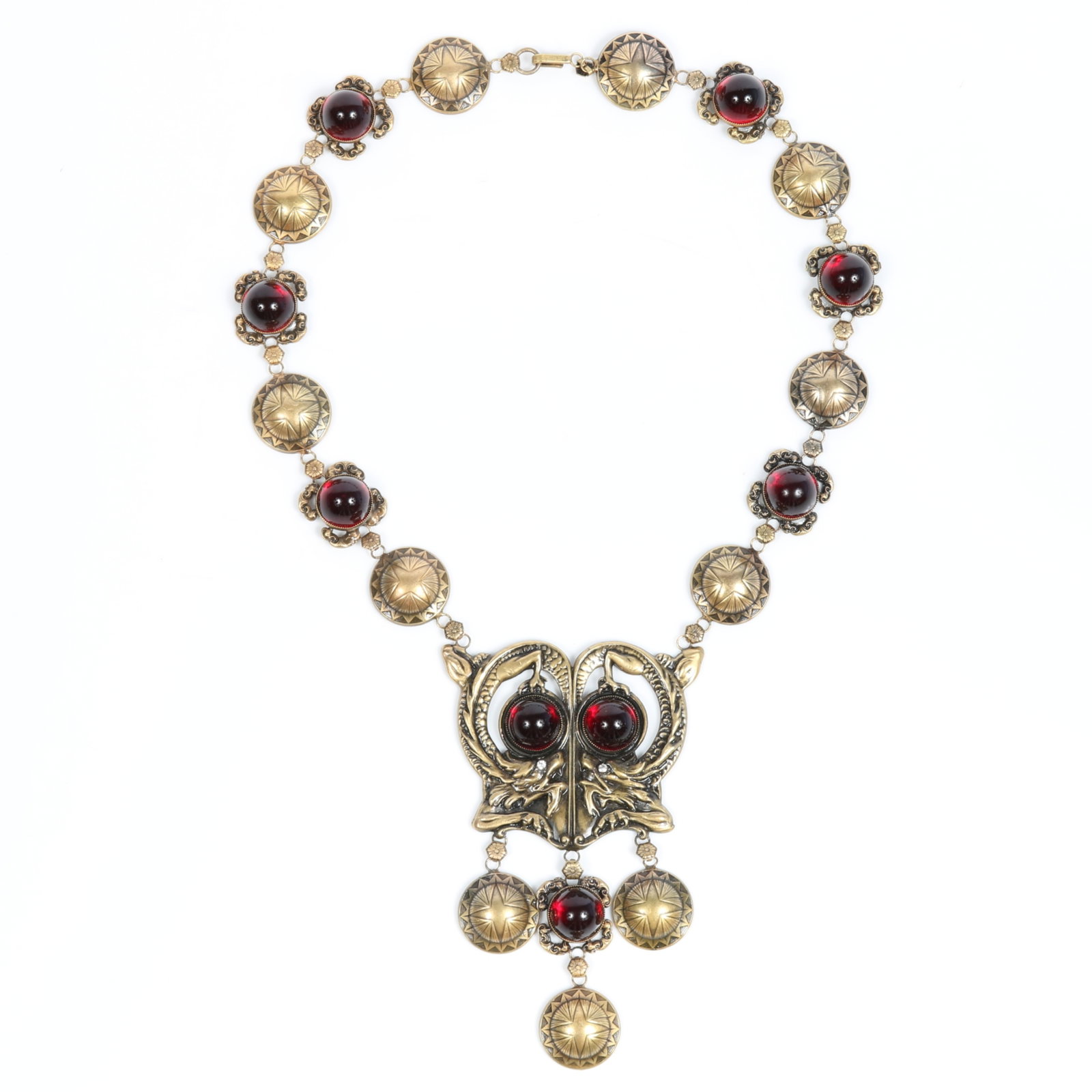 Joseff of Hollywood figural winged dragon necklace with dramatic crimson glass cabochons 20"L x 4: Joseff of Hollywood figural winged dragon necklace with dramatic crimson glass cabochons Provenance: From the Collection of Joan Duran, owner of The Queen's Bedroom on Facebook 20"L x 4 5/8"Drop