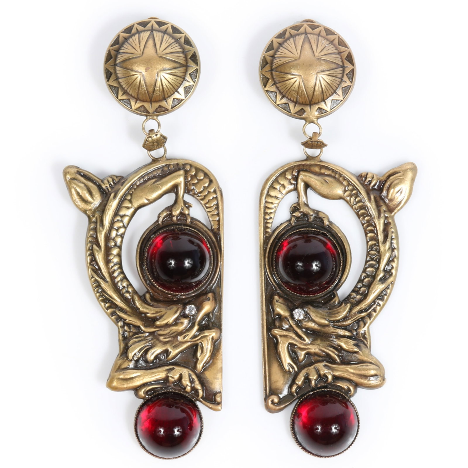 Joseff of Hollywood figural winged dragon earrings with dramatic crimson glass cabochons and: Joseff of Hollywood figural winged dragon earrings with dramatic crimson glass cabochons and original card Provenance: From the Collection of Joan Duran, owner of The Queen's Bedroom on Facebook 4"H x