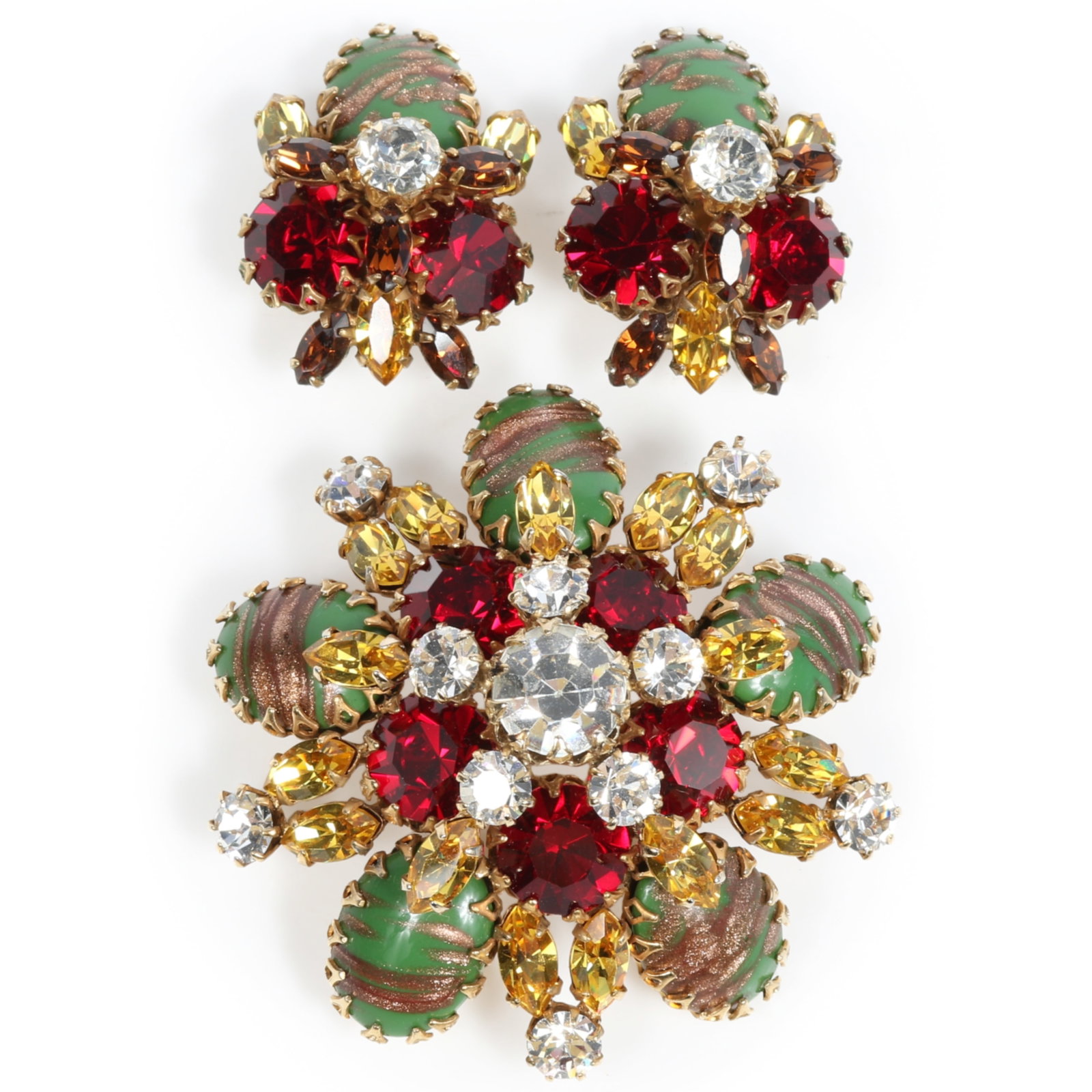 Schreiner multi-color rhinestone and art glass floral brooch and earrings demi-parure in bold colors (1 of 12)
