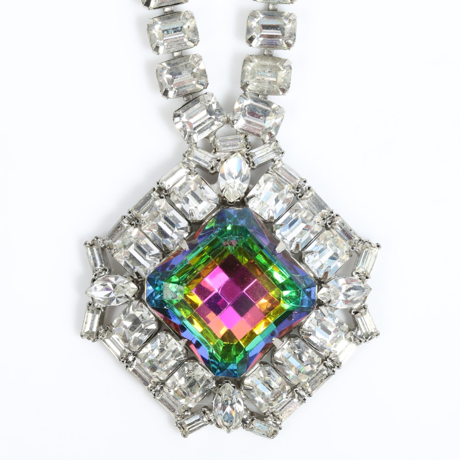 Hobe emerald cut rhinestone crystal encrusted choker necklace with watermelon heliotrope dimensional: Hobe emerald cut rhinestone crystal encrusted choker necklace with watermelon heliotrope dimensional center stone Provenance: From the private collection of Dr. Claudia Brodhead 15"L - 17"L, adjustabl