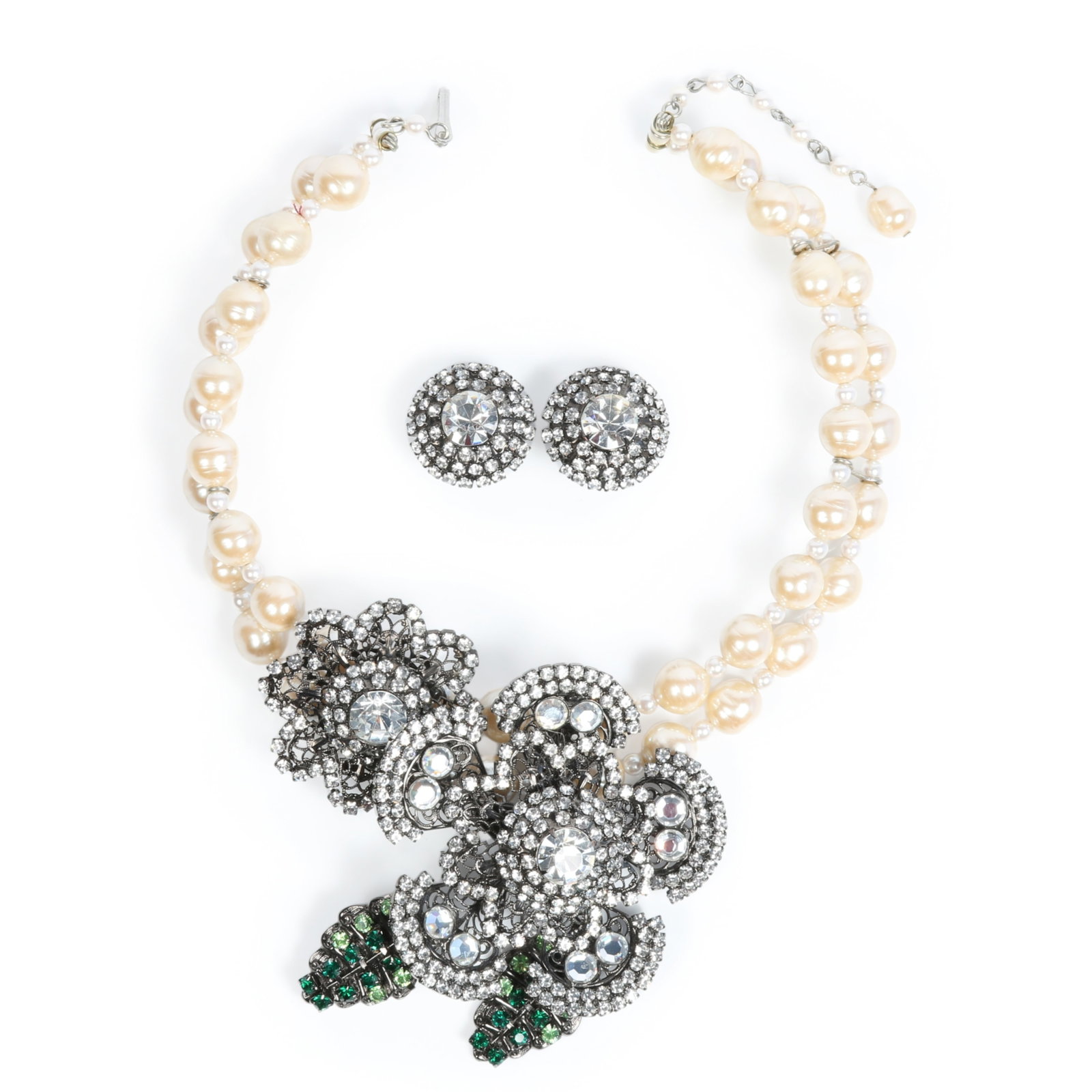 VRBA double strand faux pearl collar necklace featuring huge green and clear rhinestone crystal: VRBA double strand faux pearl collar necklace featuring huge green and clear rhinestone crystal flower Provenance: From the private collection of Dr. Claudia Brodhead 14" - 16"L, adjustable x 4"Drop (