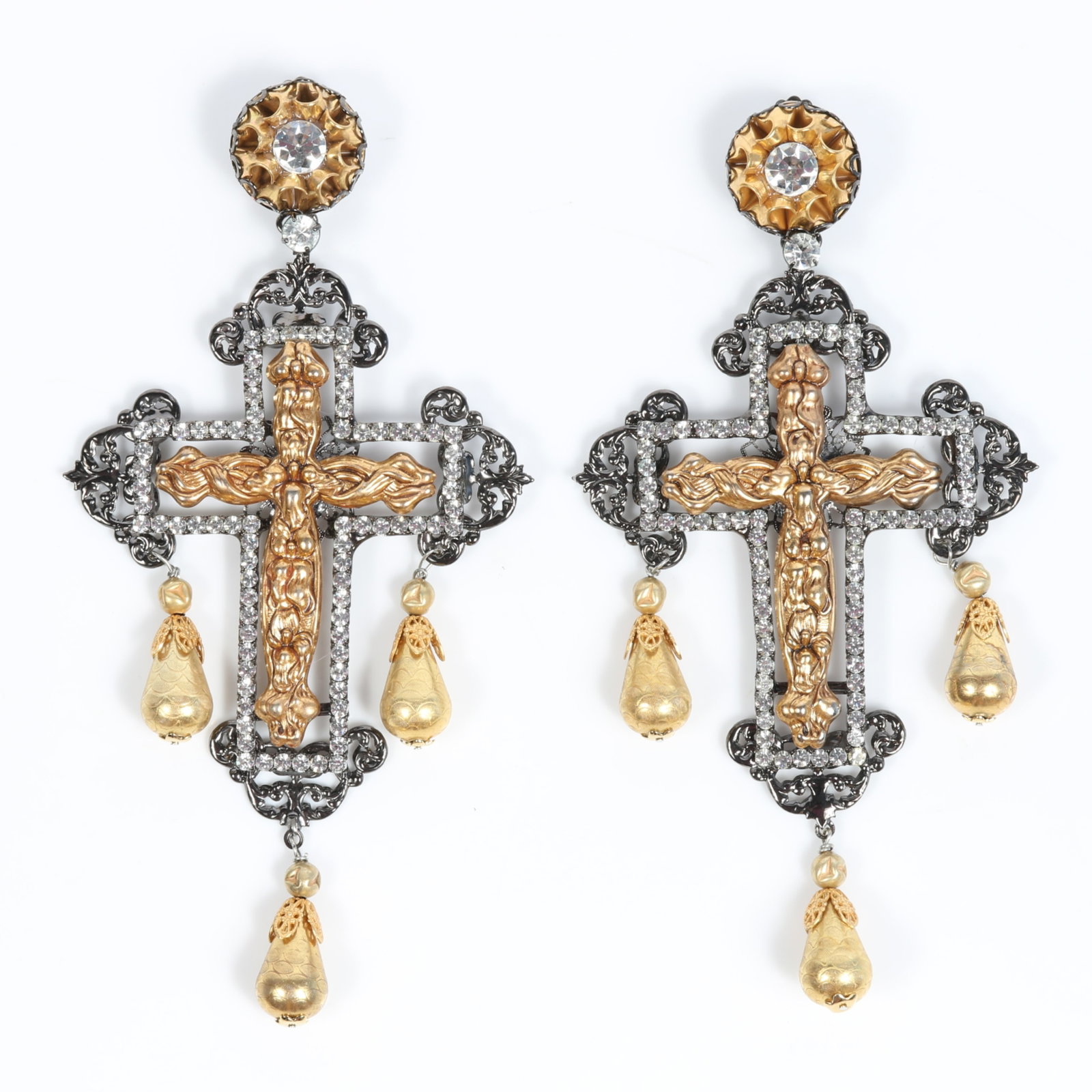 Lawrence Vrba monumental gold-tone and crystal rhinestone embellished cross drop earrings 6 1/4"H x: Lawrence Vrba monumental gold-tone and crystal rhinestone embellished cross drop earrings Provenance: From the Collection of Joan Duran, owner of The Queen's Bedroom on Facebook 6 1/4"H x 3 1/4"W