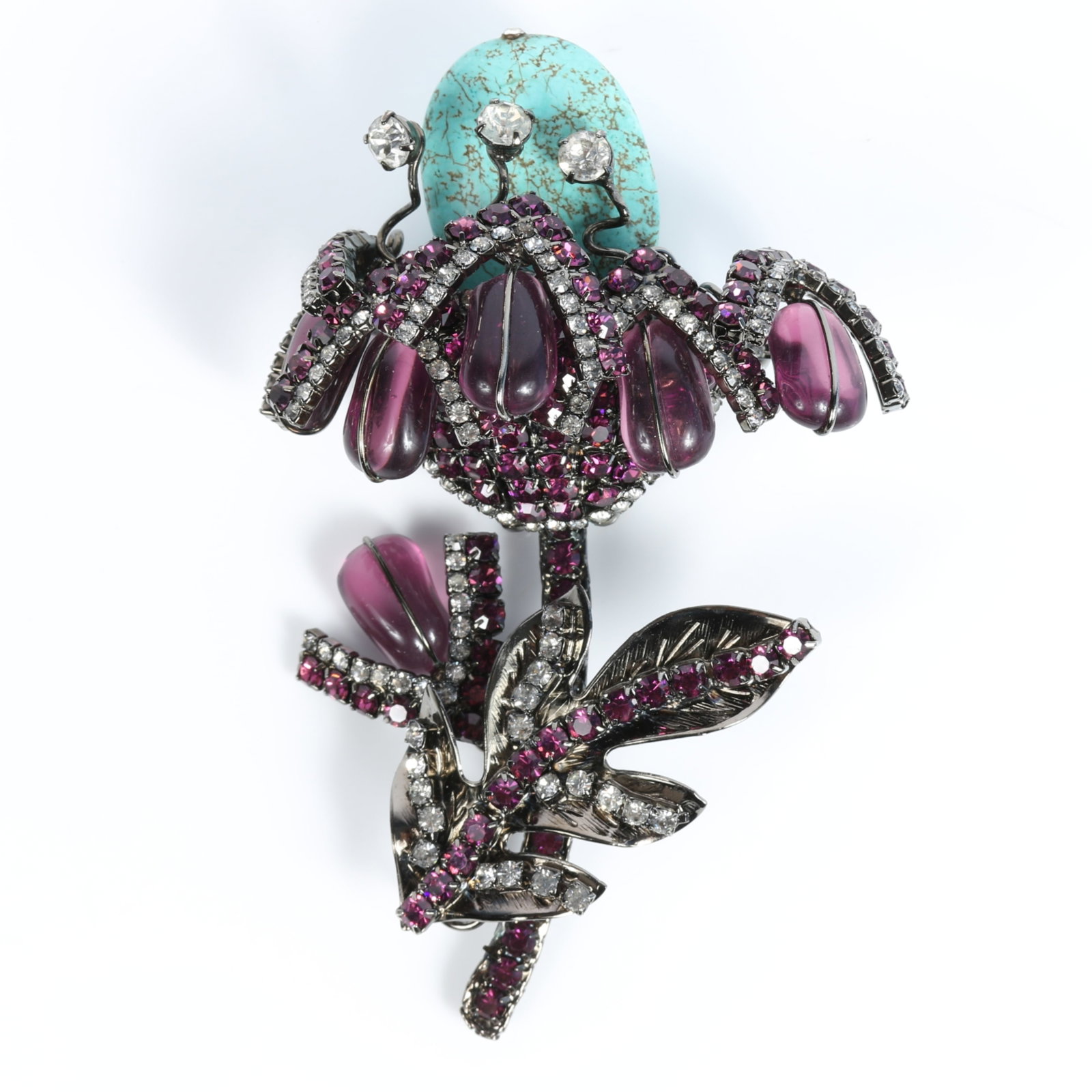 VRBA very large faux turquoise and amethyst rhinestone crystal floral bouquet brooch 5"H X 3"W: VRBA very large faux turquoise and amethyst rhinestone crystal floral bouquet brooch Provenance: From the Collection of Joan Duran, owner of The Queen's Bedroom on Facebook 5"H X 3"W