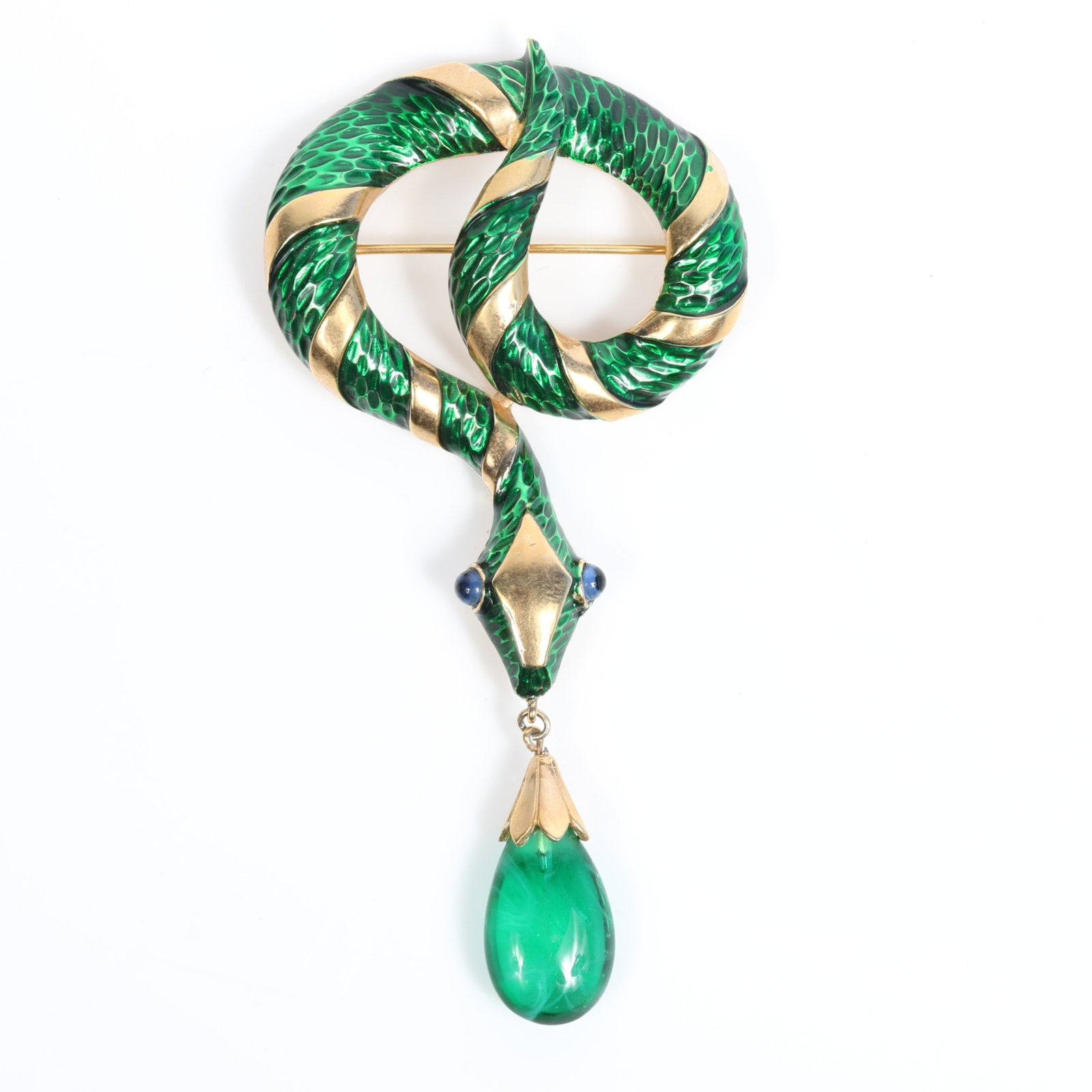 Trifari Alfred Philippe Garden of Eden serpent snake figural brooch with green enamel and dangling: Trifari Alfred Philippe Garden of Eden serpent snake figural brooch with green enamel and dangling emerald crystal pendant Provenance: From the private collection of Dr. Claudia Brodhead 3 3/4"H x 1 7