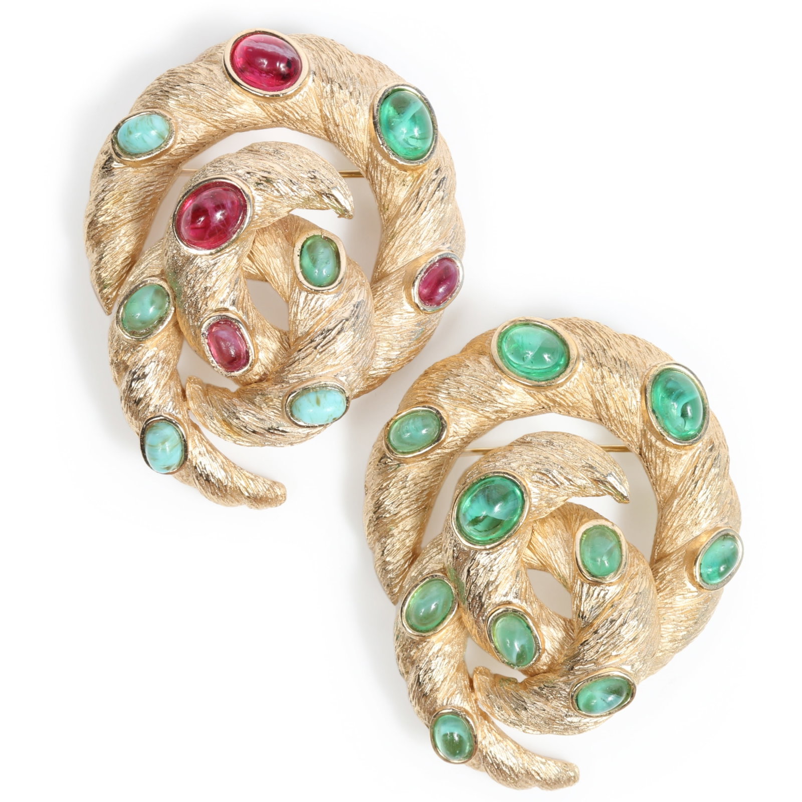 Pair of Crown Trifari Jewels of India Moghul snake brooches with green, red, and turquoise art glass: Pair of Crown Trifari Jewels of India Moghul snake brooches with green, red, and turquoise art glass cabochon stones Provenance: From the private collection of Dr. Claudia Brodhead 2 1/8"H x 1 3/4"W