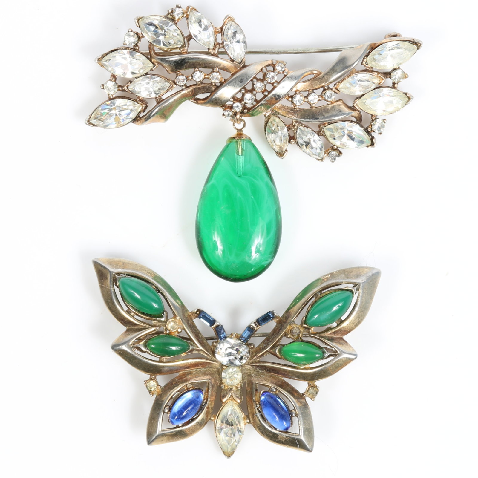 Crown Trifari 2pc group: rhinestone floral brooch with large art glass drop, and butterfly brooch (1 of 12)
