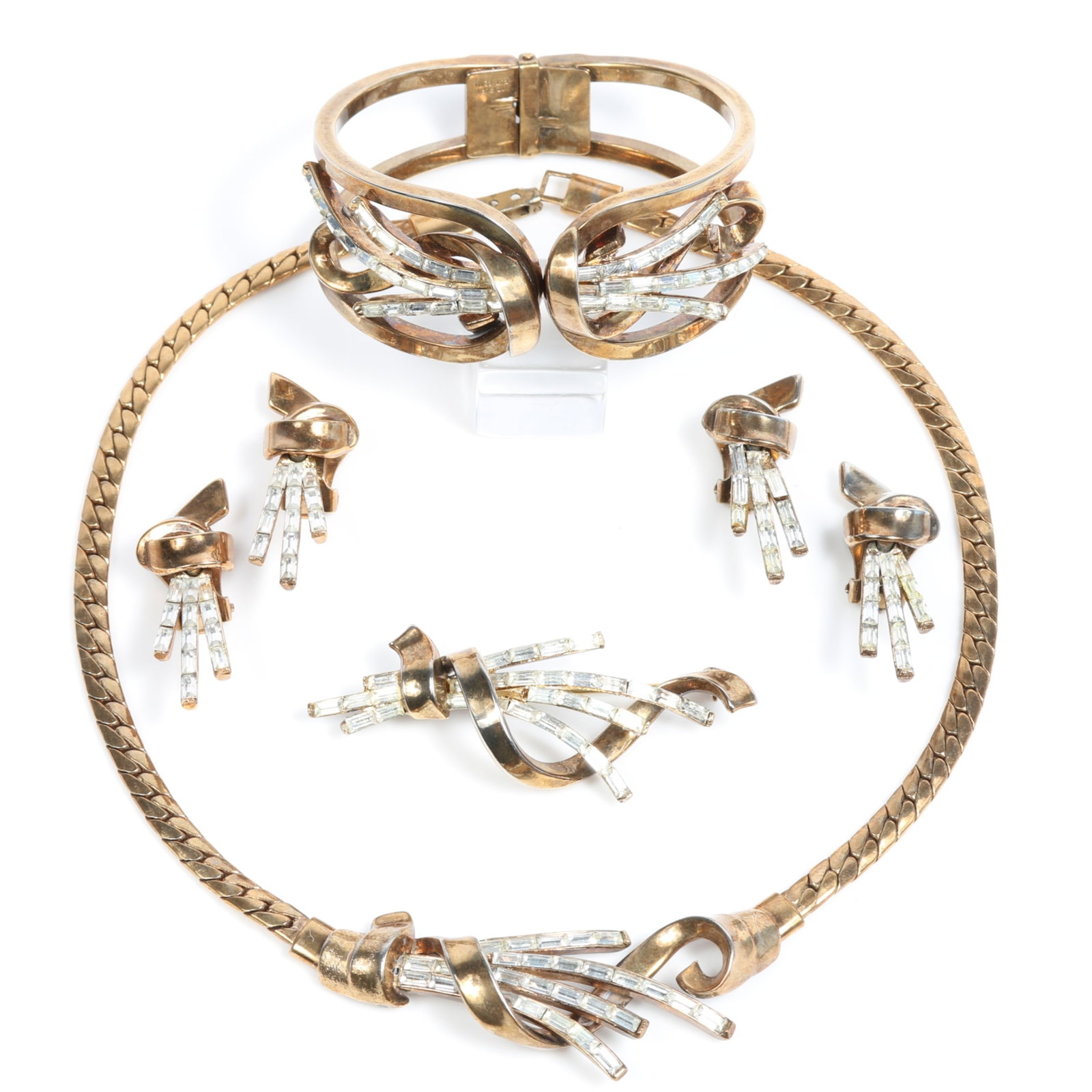 Trifari Alfred Philippe gold tone "Meteor" grand parure each with baguette rhinestone waterfall (1 of 19)
