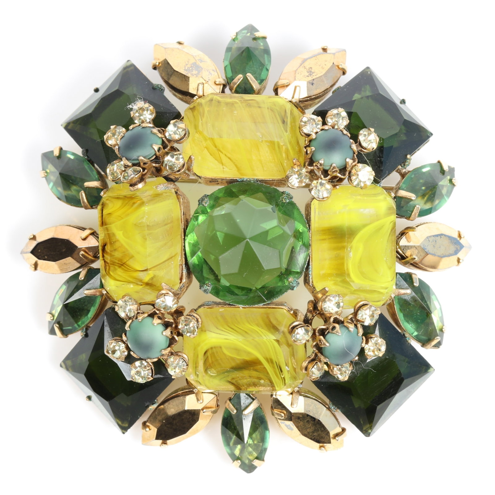 LARGE Schreiner New York large dimensional green and yellow gripoix glass jeweled brooch with: LARGE Schreiner New York large dimensional green and yellow gripoix glass jeweled brooch with faceted crystals, cabochons, and inverted center stone Provenance: From the private collection of Dr. Clau