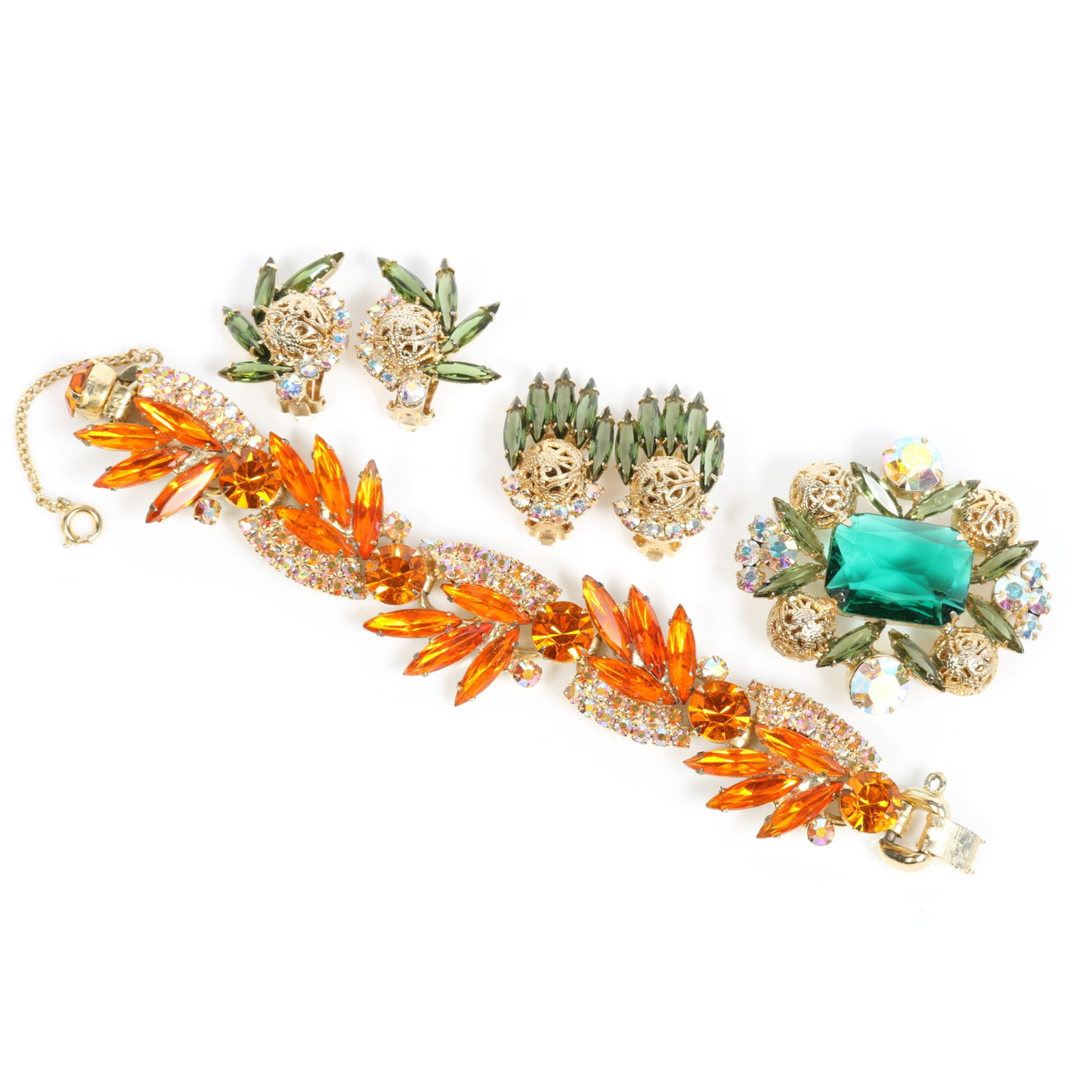 D & E Juliana 4pc group: jeweled statement bracelet, brooch and earrings in vibrant orange and: D & E Juliana 4pc group: jeweled statement bracelet, brooch and earrings in vibrant orange and emerald tones with aurora borealis crystal accents 7 1/4"L x 1 1/8"W