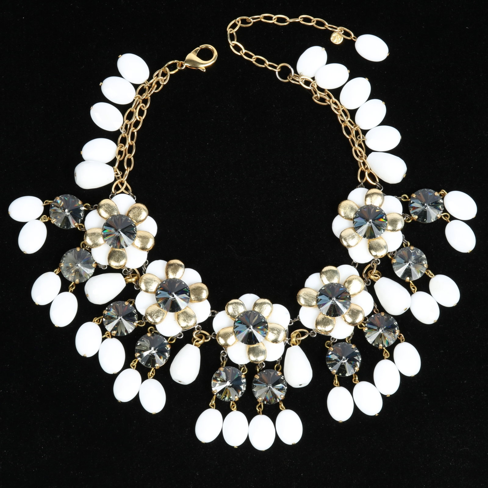 Francoise Montague FM Paris floral milk glass dangle beaded and briolette necklace with large gray: Francoise Montague FM Paris floral milk glass dangle beaded and briolette necklace with large gray rhinestone crystals Provenance: From the private collection of Dr. Claudia Brodhead 15 1/2"L - 19 1/2