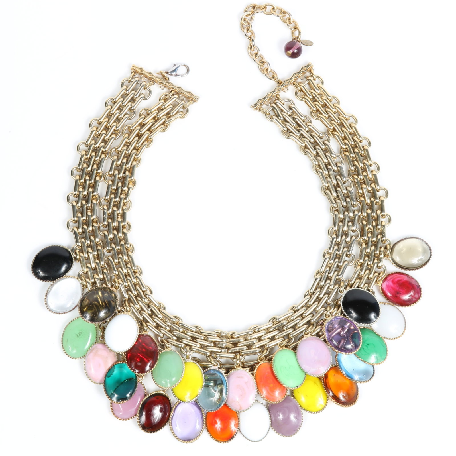 Francoise Montague FM Paris fabulous collar necklace with multi-row interconnected gold-plated link: Francoise Montague FM Paris fabulous collar necklace with multi-row interconnected gold-plated link chains and brightly colored p?te de verre poured glass drops Provenance: From the private collection