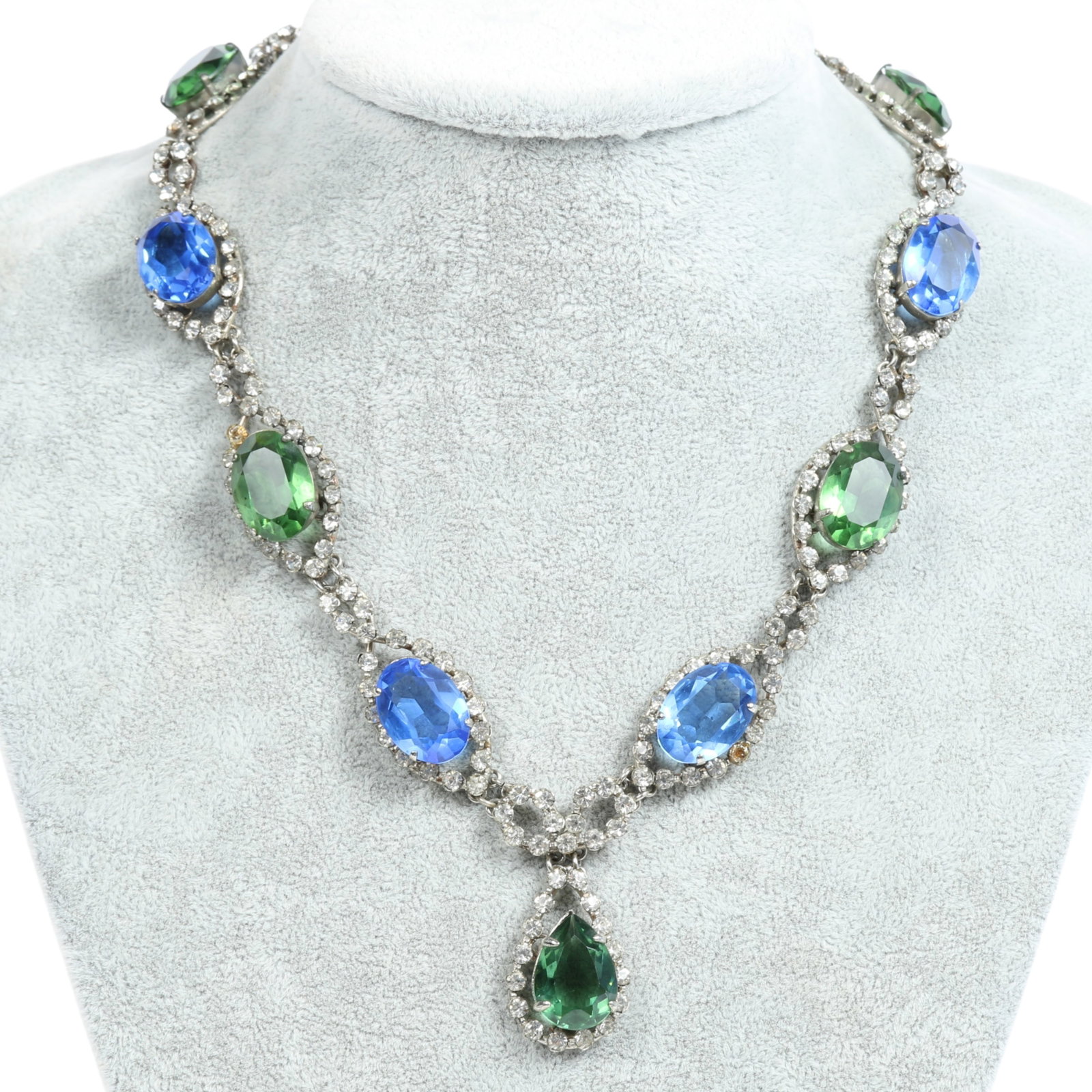 Francis Winter for Dior French haute couture blue and green glass jewel necklace with teardrop: Francis Winter for Dior French haute couture blue and green glass jewel necklace with teardrop pendant and diamante rhinestone crystals, signed "Made in France" on S hook clasp Provenance: From the pr