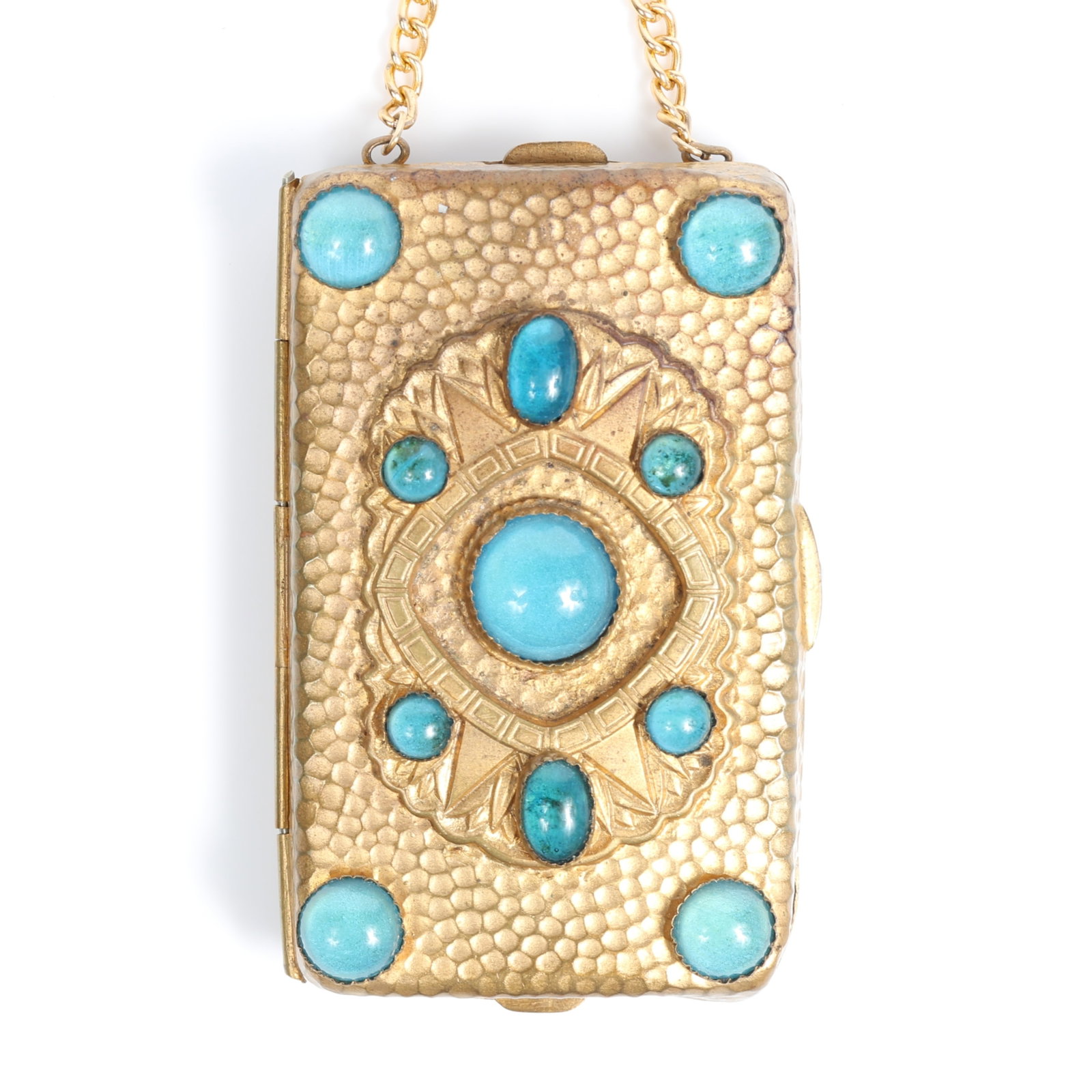 Antique French gold wash hammered finish dance compact or purse with light blue glass cabochon gems: Antique French gold wash hammered finish dance compact or purse with light blue glass cabochon gems Provenance: From the Collection of Joan Duran, owner of The Queen's Bedroom on Facebook Signed "Made