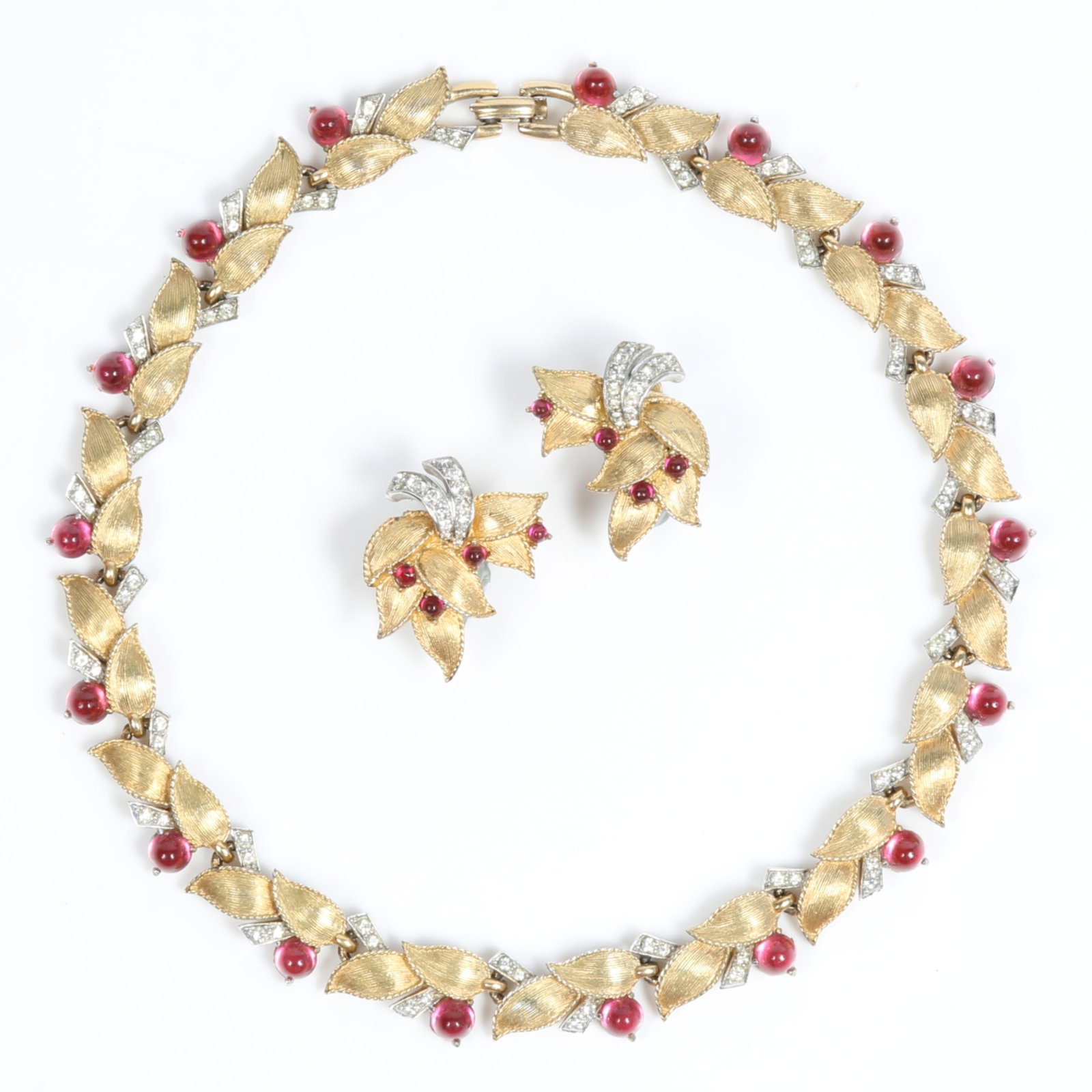 Marcel Boucher demi parure floral necklace and earrings with diamante crystals and pink cabochon: Marcel Boucher demi parure floral necklace and earrings with diamante crystals and pink cabochon stones Provenance: From the private collection of Dr. Claudia Brodhead 14 1/2"L x 1 2"W