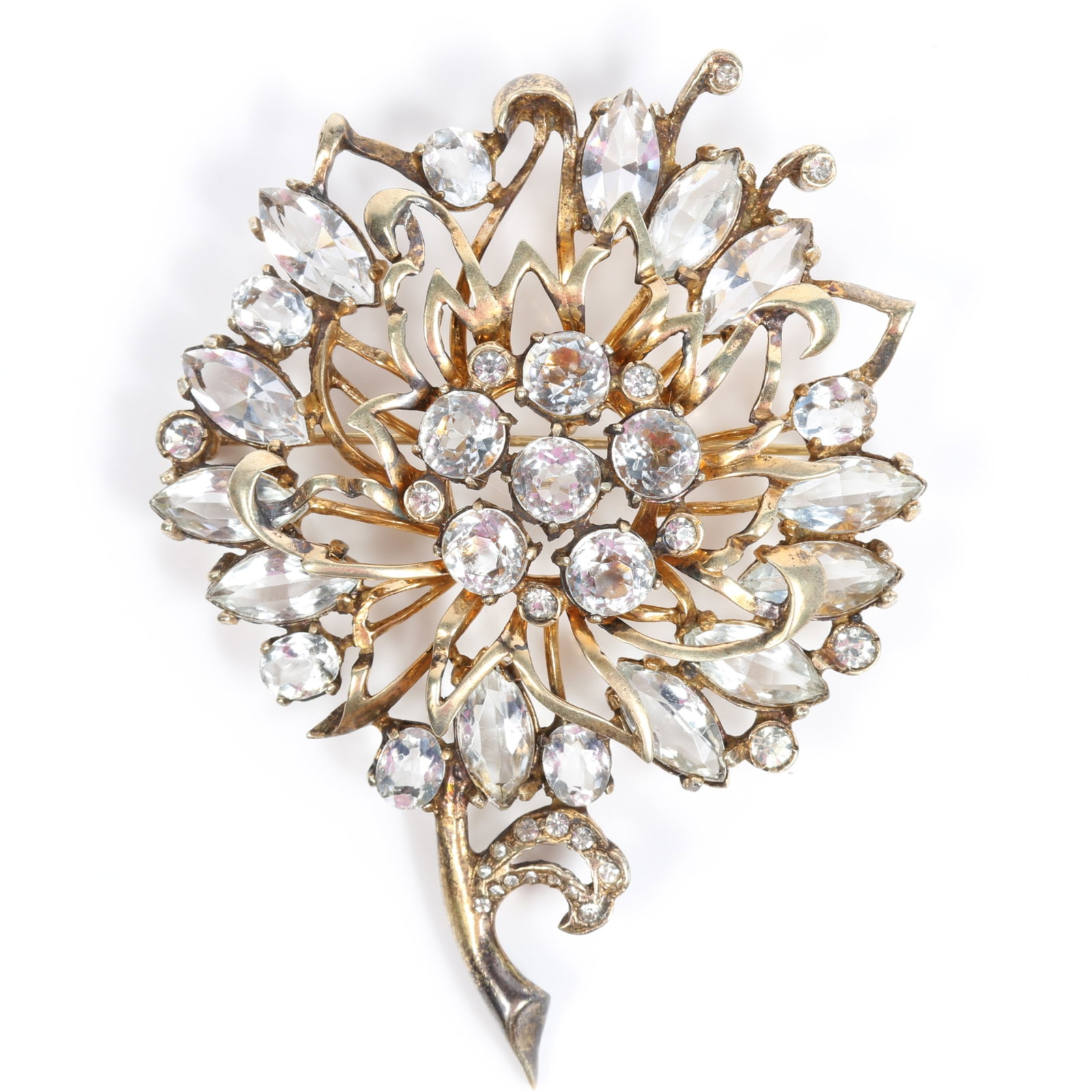 Eisenberg retro sterling vermeil floral motif brooch with multi-cut unfoiled crystals 4"H x 3"W: Eisenberg retro sterling vermeil floral motif brooch with multi-cut unfoiled crystals Provenance: From the Collection of Joan Duran, owner of The Queen's Bedroom on Facebook 4"H x 3"W