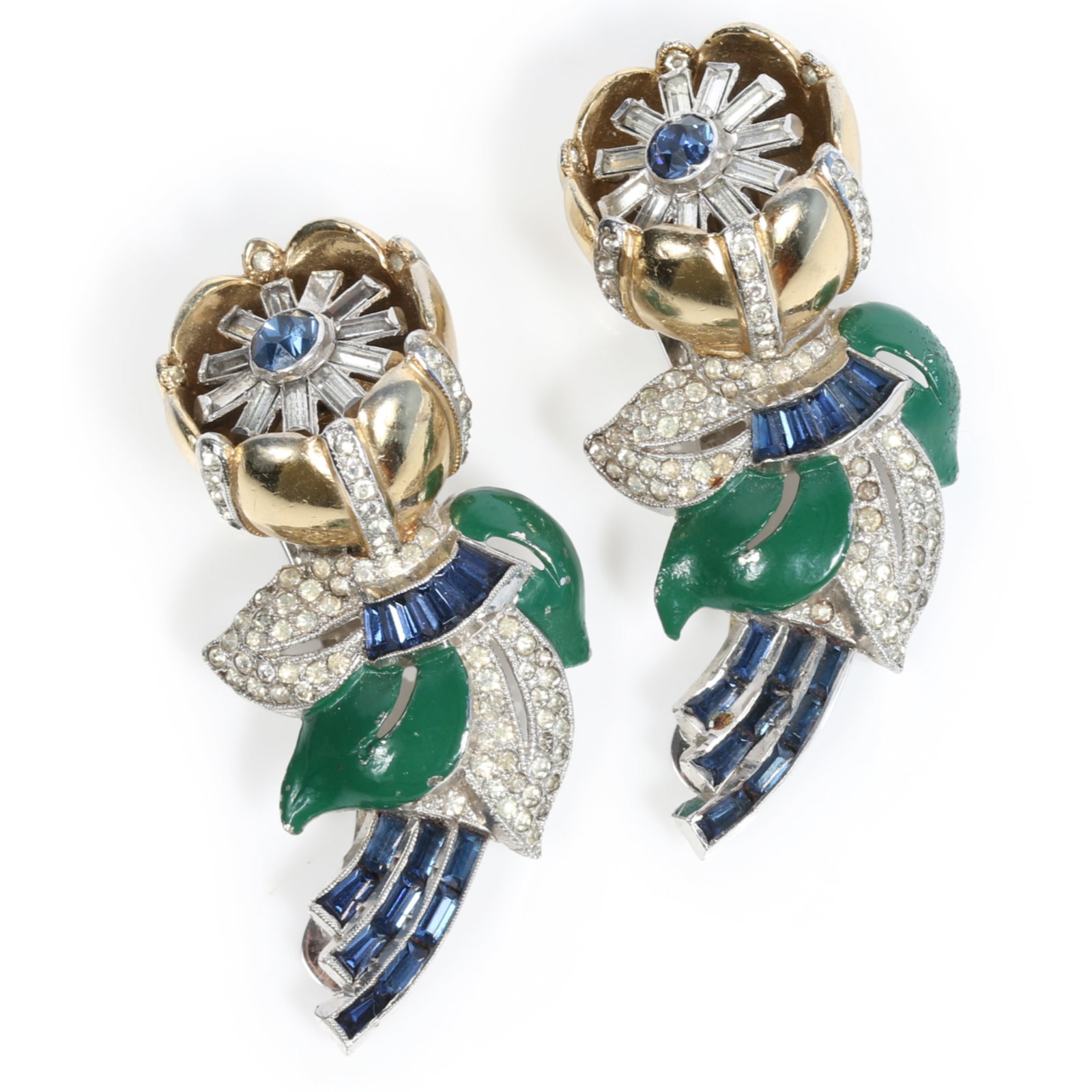 Pair of Coro Gene Verrecchia Quivering Camellias floral trembler dress clips set with sapphire blue: Pair of Coro Gene Verrecchia Quivering Camellias floral trembler dress clips set with sapphire blue baguettes and pave rhinestones 2 1/8"H x 1"W