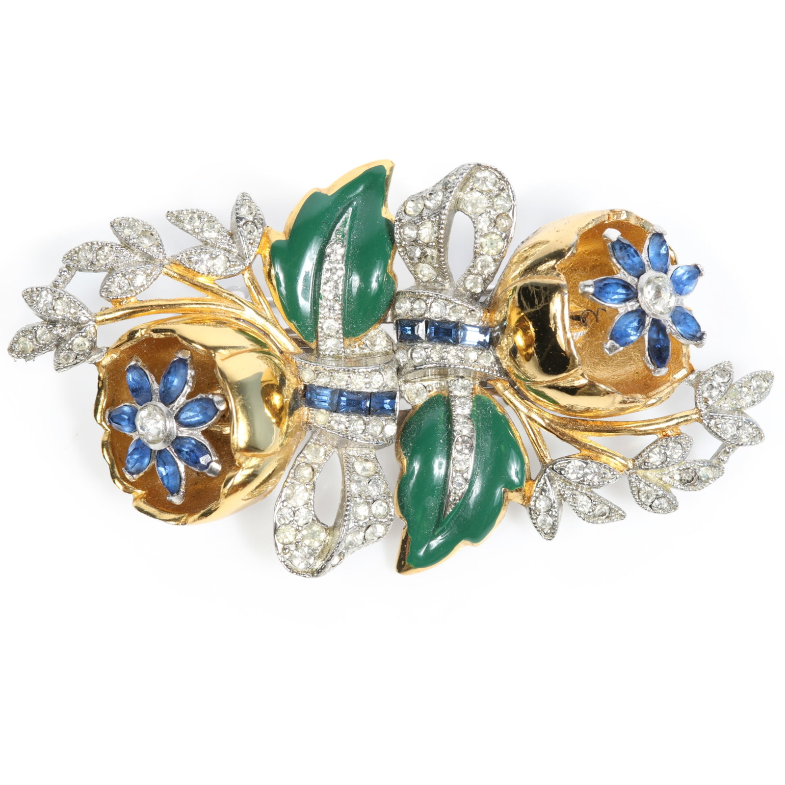 Coro Duette Quivering Camilla floral trembler flower dress clip brooch with blue and clear: Coro Duette Quivering Camilla floral trembler flower dress clip brooch with blue and clear rhinestone crystals 2 7/8"W x1 3/4"H