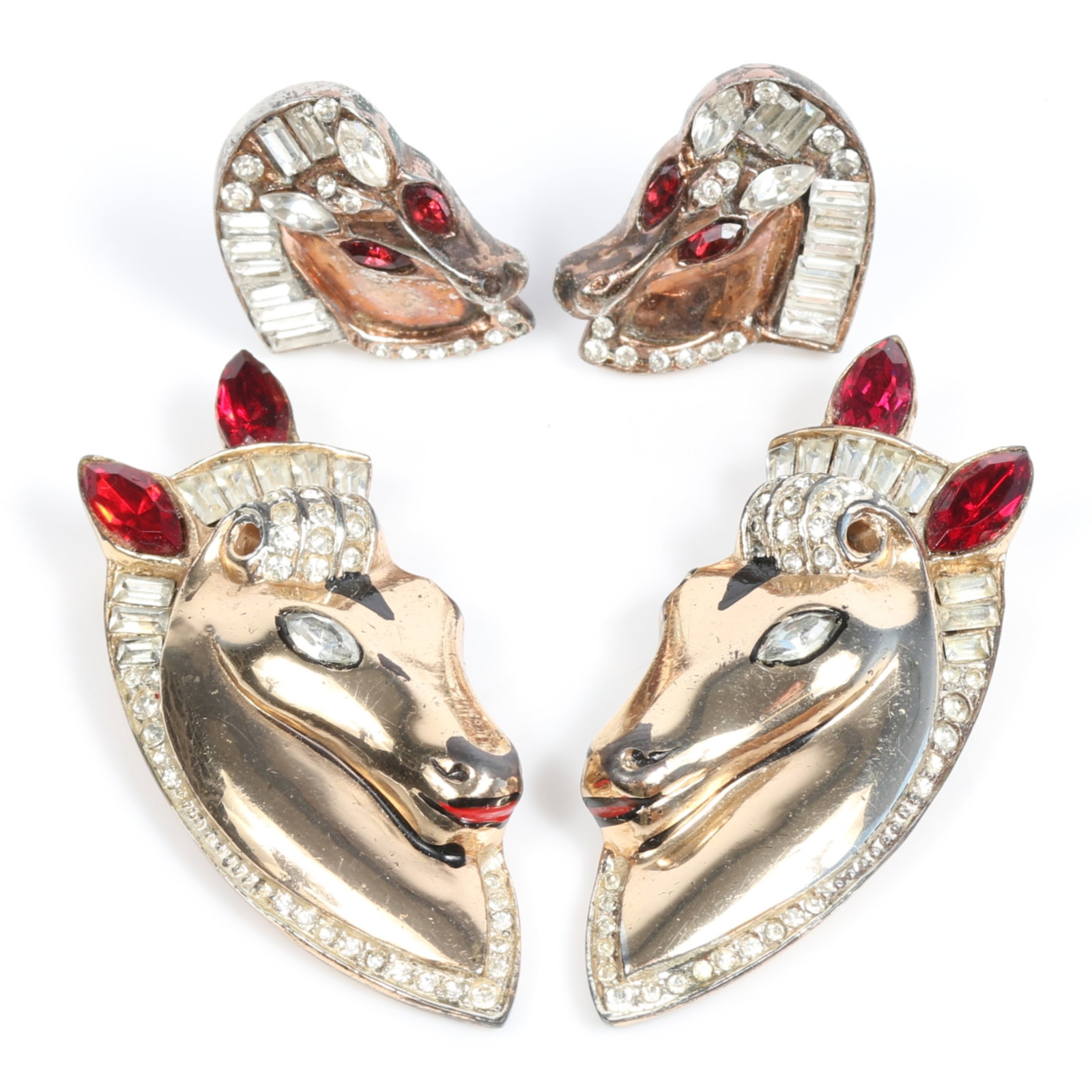 Coro Craft / Corocraft 1943 Adolf Katz "Thorobreds" sterling vermeil rhinestone horse head book: Coro Craft / Corocraft 1943 Adolf Katz "Thorobreds" sterling vermeil rhinestone horse head book piece fur clips with matching earrings American Costume Jewelry Vol. 1 by Carla Ginelli Brunialti & Robe