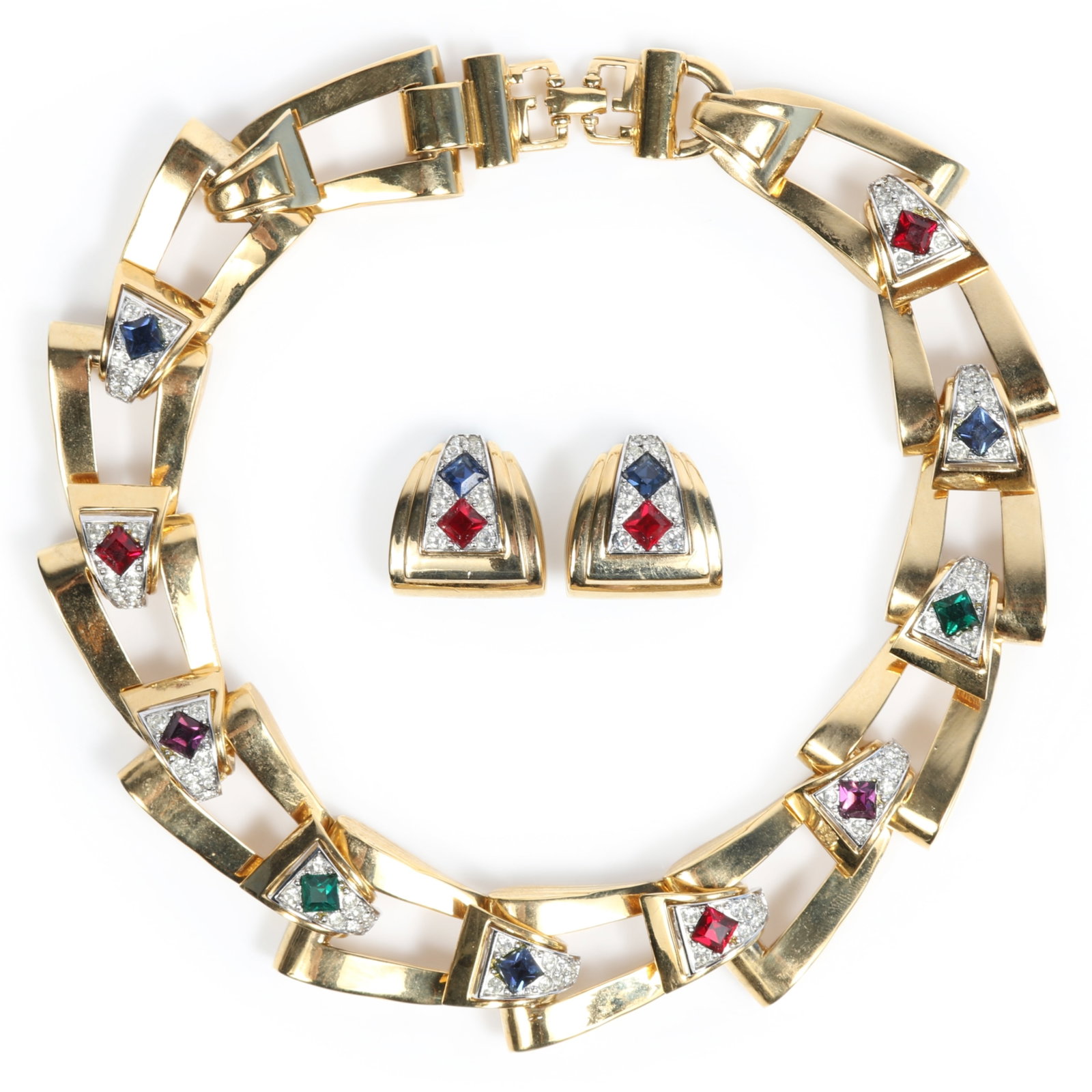Givenchy vintage 1980's necklace and matching earrings featuring heavy gold-plated interlocking: Givenchy vintage 1980's necklace and matching earrings featuring heavy gold-plated interlocking links decorated with pav? rhinestones and multi-colored square crystals Provenance: From the private col