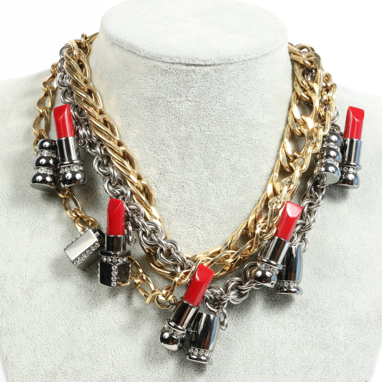 Dolce & Gabbana chunky layered two tone lipstick runway necklace with rhinestones in gun metal gray: Dolce & Gabbana chunky layered two tone lipstick runway necklace with rhinestones in gun metal gray cases Provenance: From the private collection of Dr. Claudia Brodhead 15"l - 18 1/2"L, adjustable x 