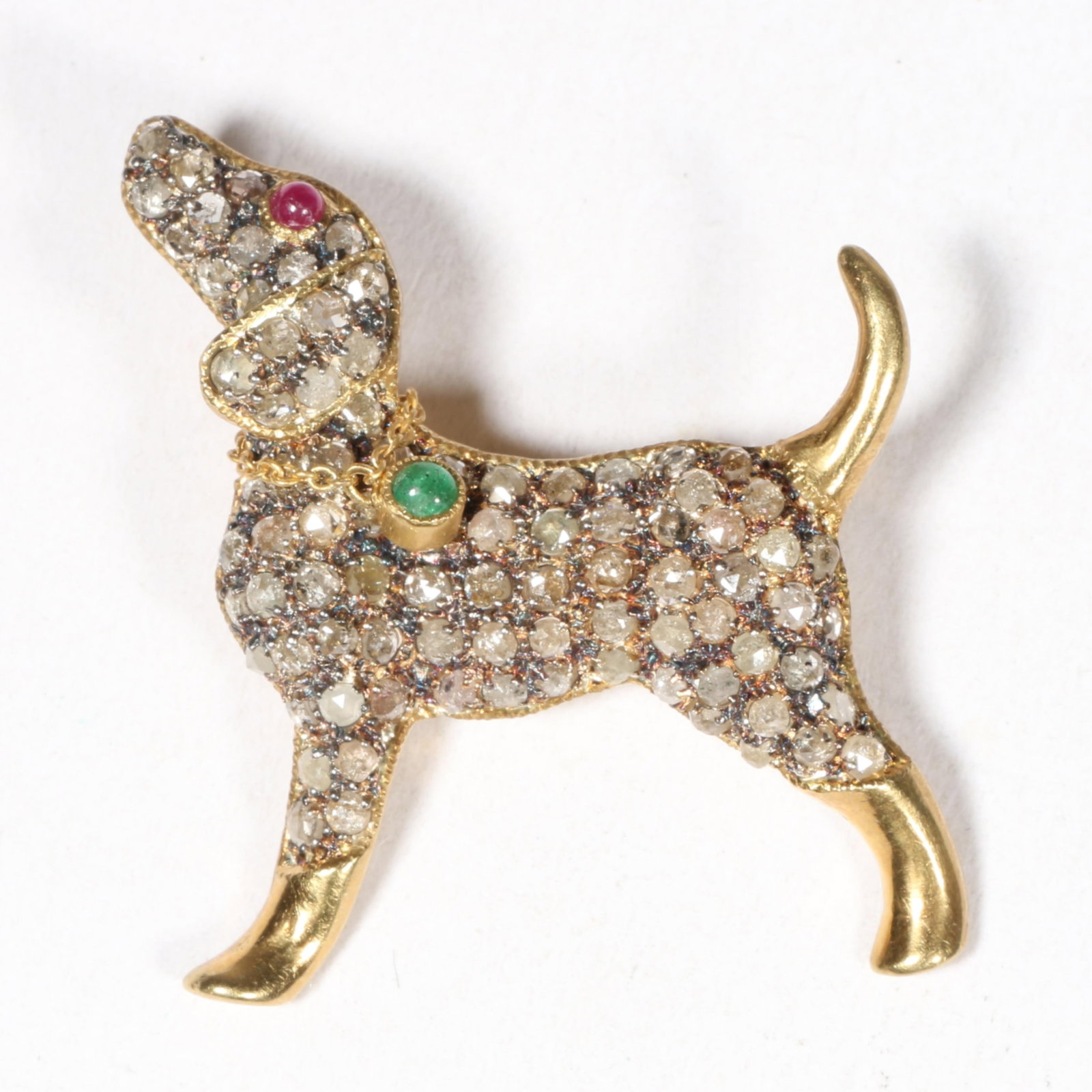 14k Sterling vermeil miniature dog brooch set with rose cut diamonds, emerald, and a ruby cabochon (1 of 6)
