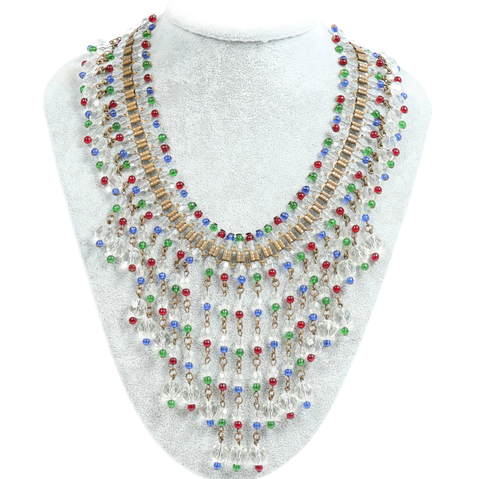 Early unsigned Miriam Haskell? collar bib necklace on brass book chain with red, blue, green and: Early unsigned Miriam Haskell? collar bib necklace on brass book chain with red, blue, green and clear glass crystal beaded fringe Provenance: From the private collection of Dr. Claudia Brodhead 18"L 