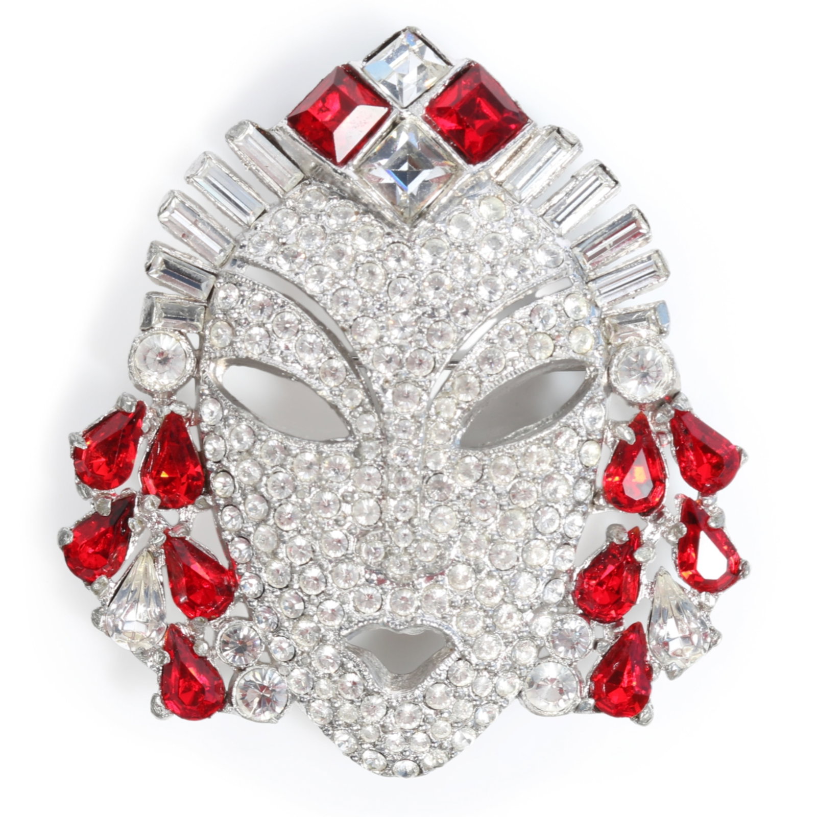 Mazer ? Art Deco mask brooch with round and baguette pave rhinestones and red pear shape and: Mazer ? Art Deco mask brooch with round and baguette pave rhinestones and red pear shape and princess cut jewels, unsigned Provenance: From the private collection of Dr. Claudia Brodhead 2 3/8"H x 2 1