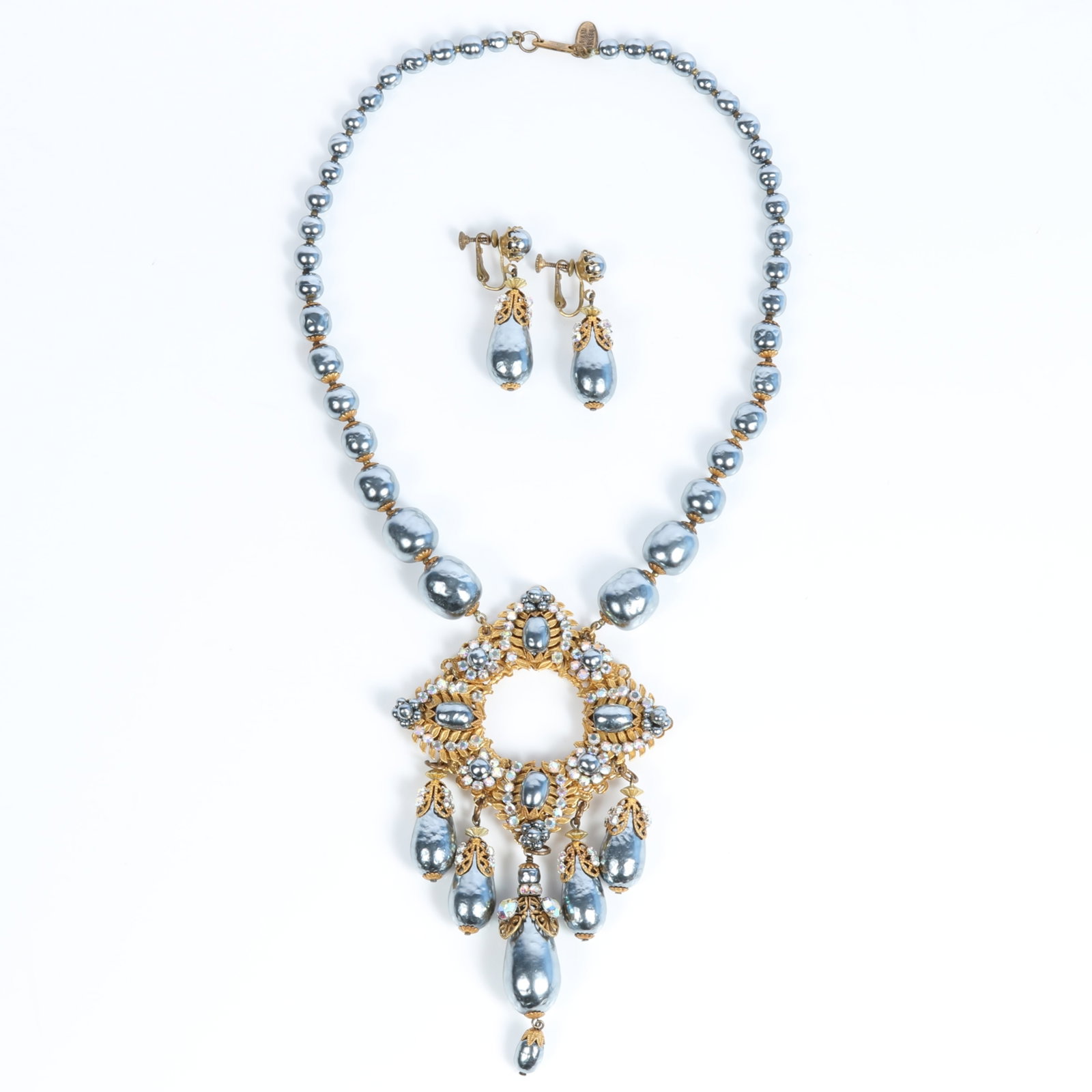 Miriam Haskell gray baroque faux pearl drop necklace and earring demi-parure embellished with AB: Miriam Haskell gray baroque faux pearl drop necklace and earring demi-parure embellished with AB rhinestone crystals Provenance: From the Collection of Joan Duran, owner of The Queen's Bedroom on Face