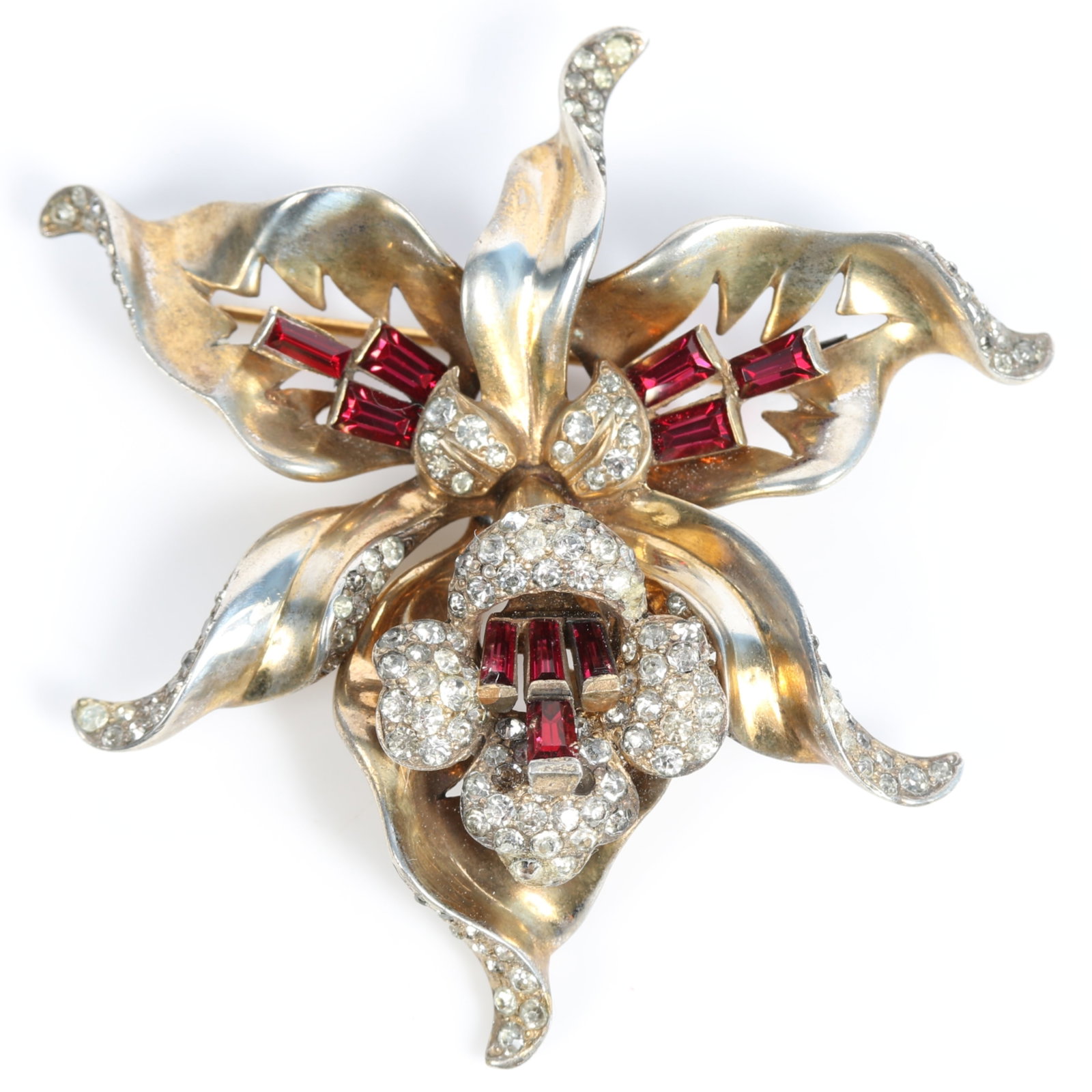 Mazer sterling vermeil orchid flower brooch with pave and ruby baguettes orchid pin, unsigned 2: Mazer sterling vermeil orchid flower brooch with pave and ruby baguettes orchid pin, unsigned Provenance: From the Collection of Joan Duran, owner of The Queen's Bedroom on Facebook Missing two pave s