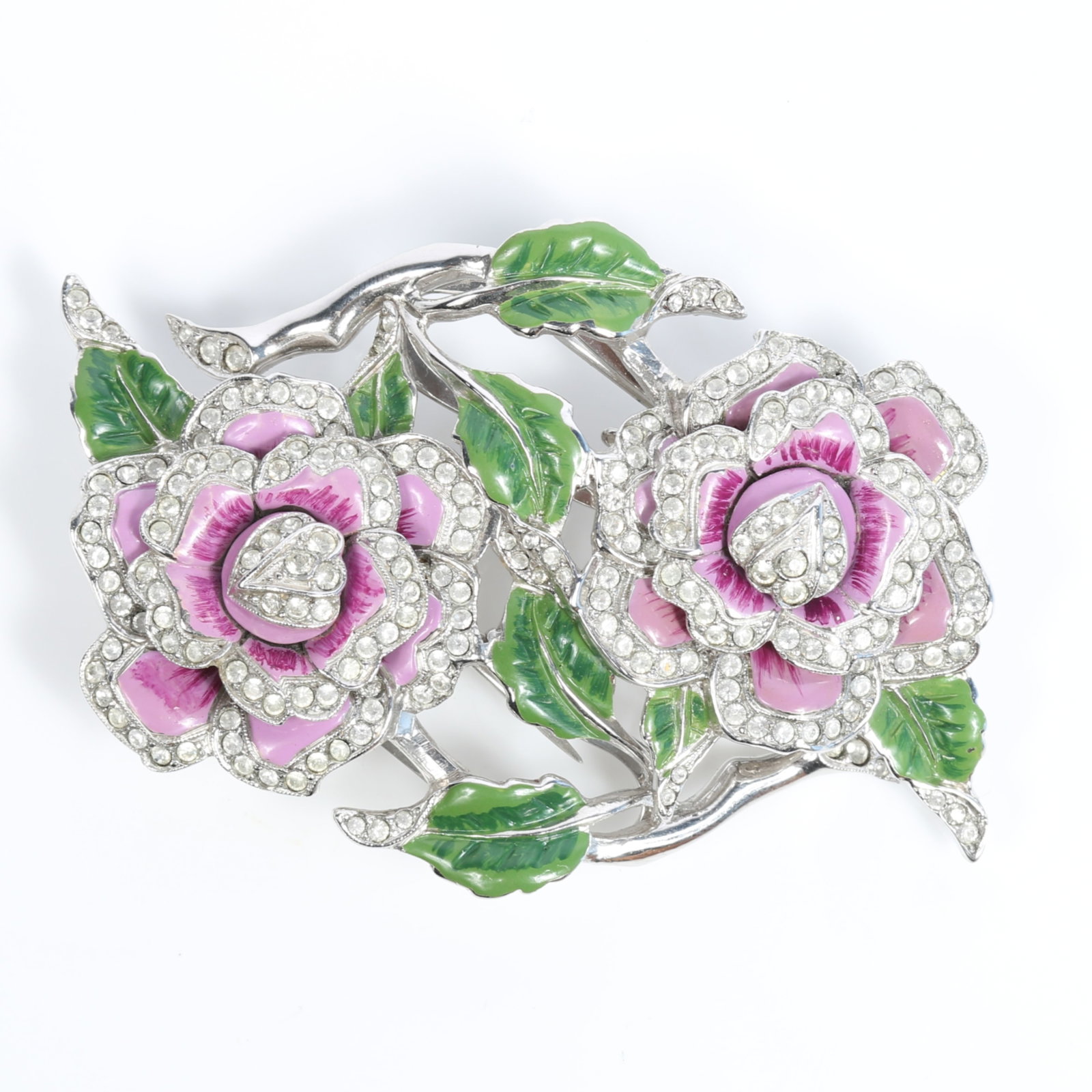 Coro Craft / Corocraft Duette brooch purple enamel double roses with pave rhinestone crystals 3: Coro Craft / Corocraft Duette brooch purple enamel double roses with pave rhinestone crystals Provenance: From the private collection of Dr. Claudia Brodhead 3 1/2"W x 2 1/4"H