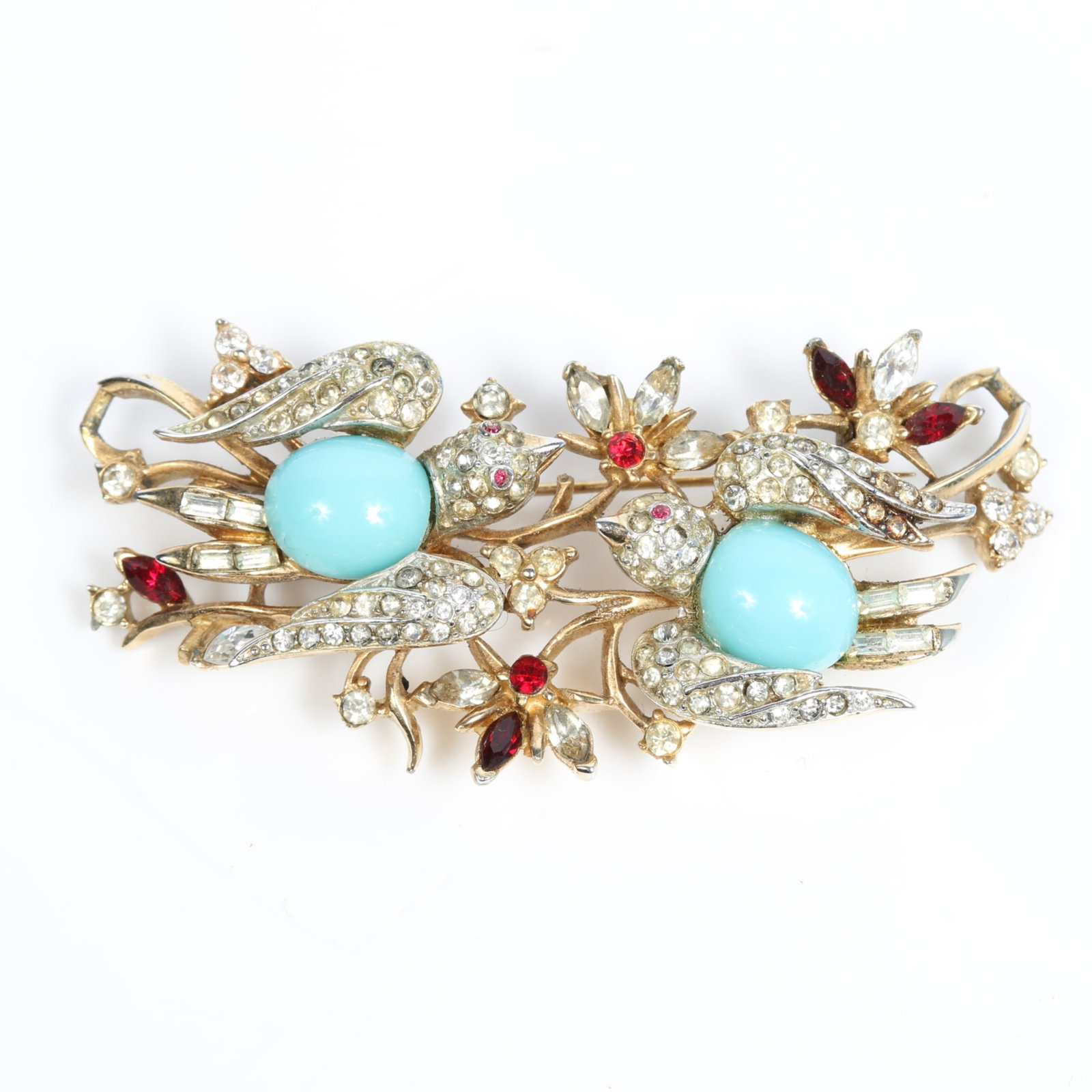 Coro Craft / Corocraft figural birds in foliage brooch with faux turquoise cabochons, pave: Coro Craft / Corocraft figural birds in foliage brooch with faux turquoise cabochons, pave rhinestone crystals, and red accent jewels Provenance: From the private collection of Dr. Claudia Brodhead 2 