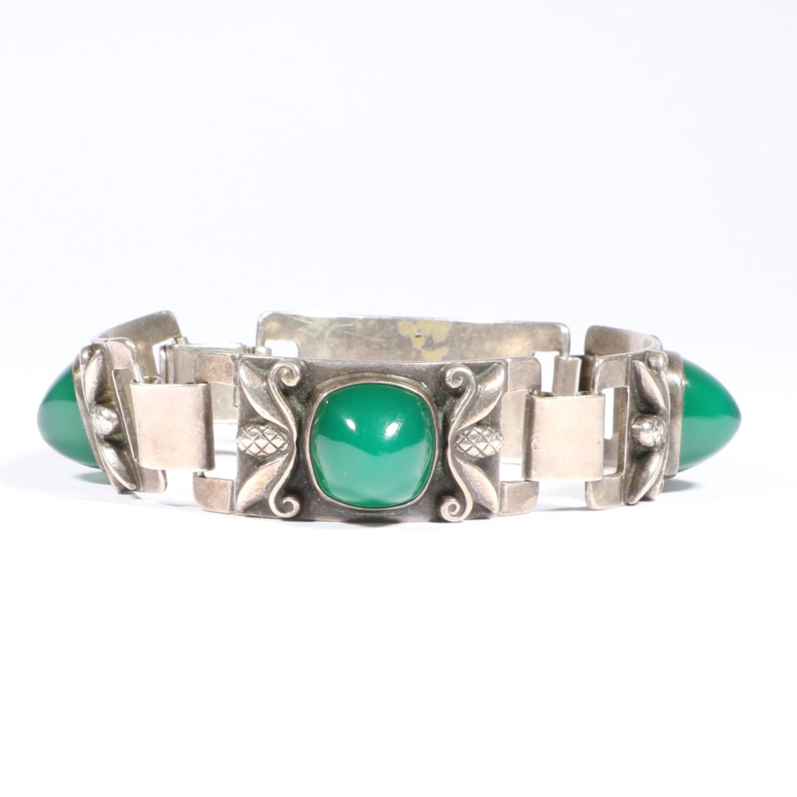 Georg Jensen #478 sterling silver acanthus leaf panel bracelet with chrysoprase cabochons 5/8"W x (1 of 7)