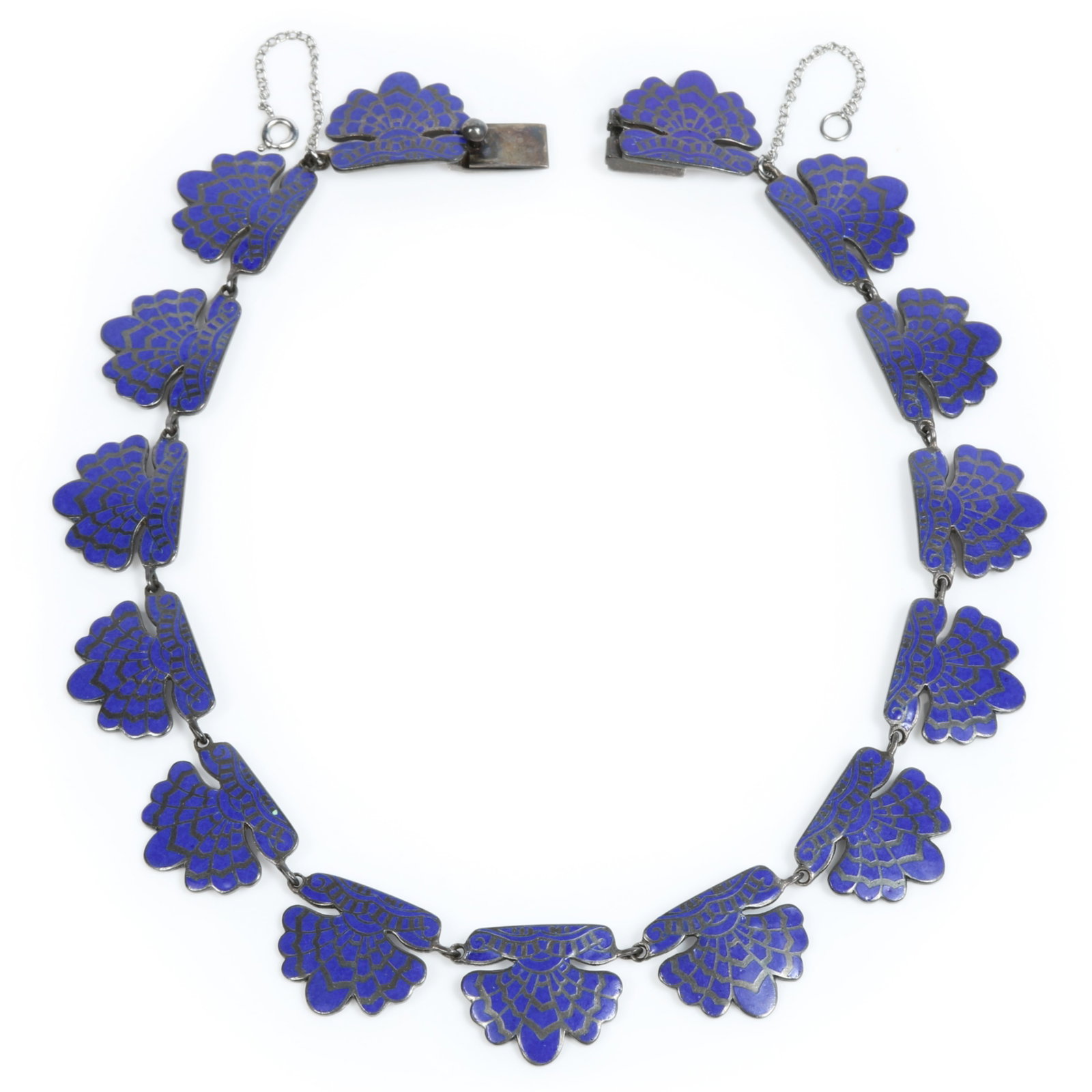 Margot de Taxco Mexican sterling silver royal lapis blue champlev? enamel stylized floral fan: Margot de Taxco Mexican sterling silver royal lapis blue champlev? enamel stylized floral fan necklace Provenance: From the private collection of Dr. Claudia Brodhead 16"L x 3/4"W
