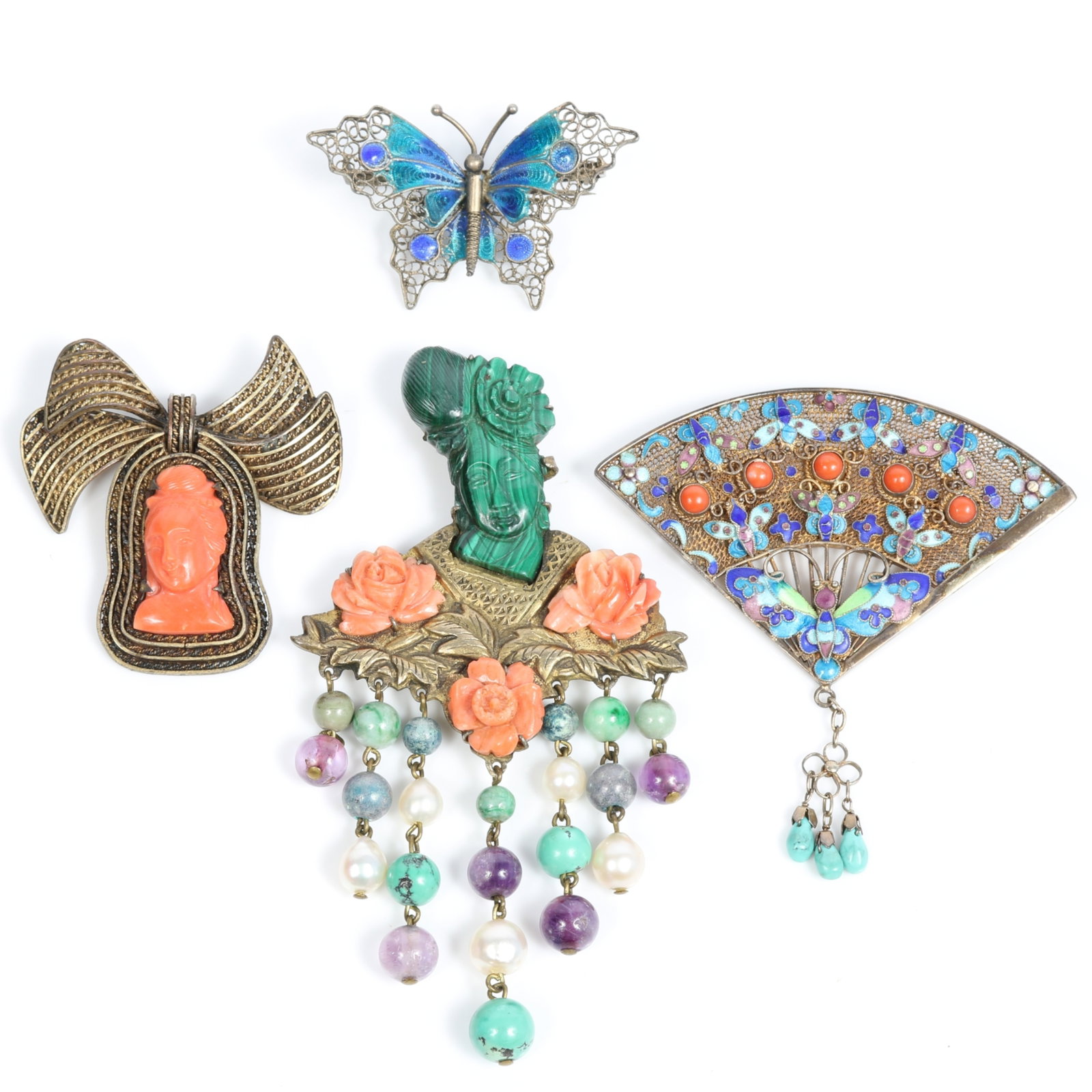 Chinese Export 4pc brooch group including: filigree fan with coral cabochons and colorful enamel;: Chinese Export 4pc brooch group including: filigree fan with coral cabochons and colorful enamel; malachite Asian princess, coral roses, freshwater pearls, turquoise, agate, and amethyst beads; carved