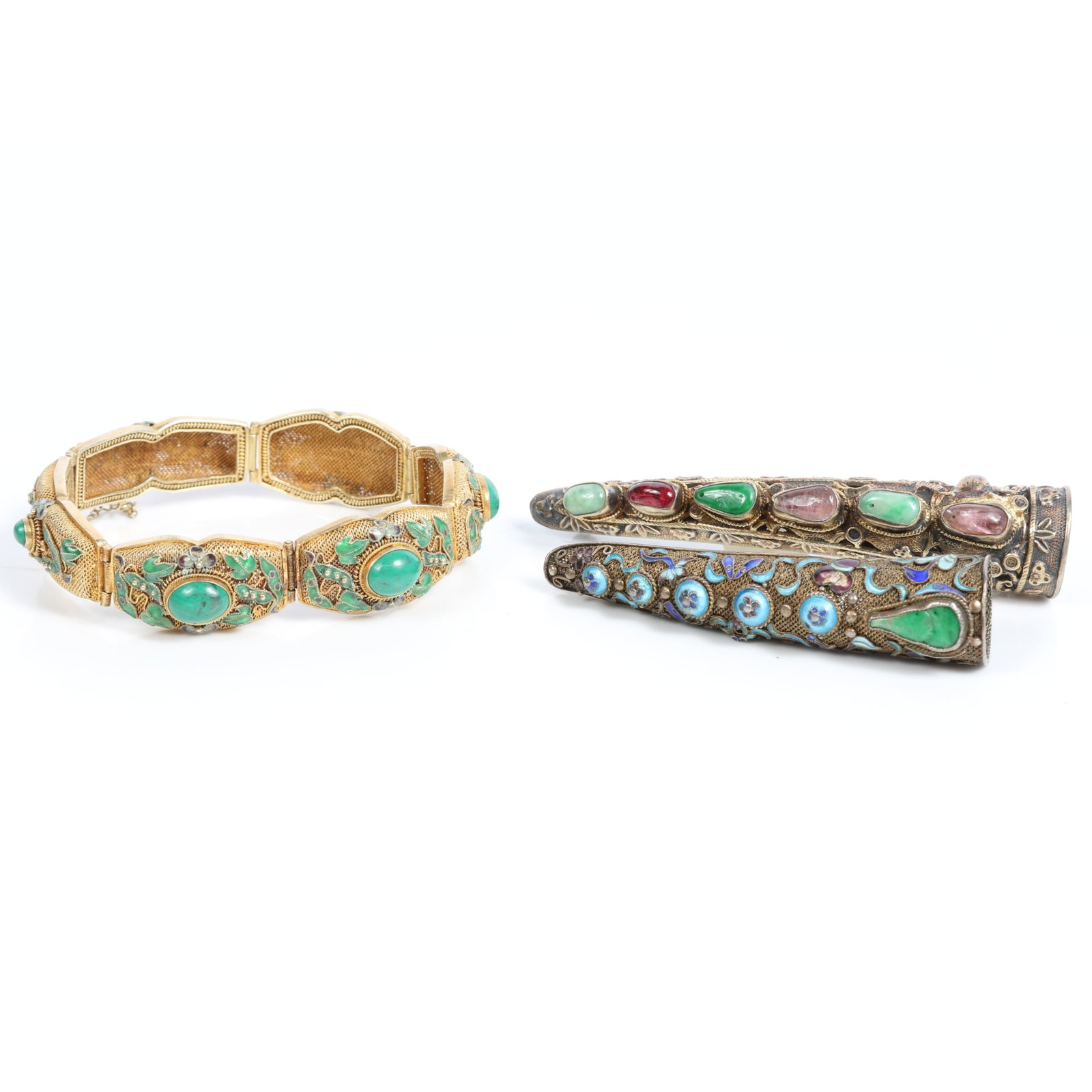 Chinese Export 3pc group: silver enamel filigree bracelet and finger brooches with malachite, rose: Chinese Export 3pc group: silver enamel filigree bracelet and finger brooches with malachite, rose quartz and more cabochon gems Each item is marked "Silver" Provenance: From the Collection of Joan Du