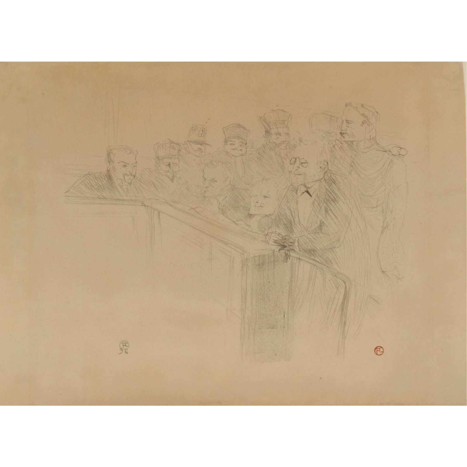 Henri de Toulouse-Lautrec, French (1864-1901), Proces Arton (The Arton Trial), lithograph, 17 3/4"H: Henri de Toulouse-Lautrec French (1864-1901) Proces Arton (The Arton Trial) lithograph Signed with initials in the plate. Biography from the Archives of askART: Henri Toulouse-Lautrec became one of Fr