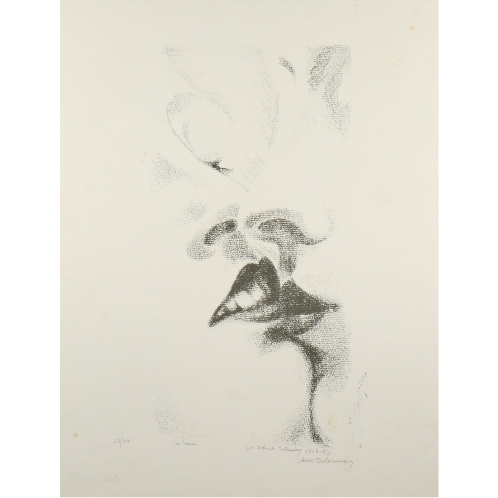 Robert Delaunay, French (1885-1941), Le Baiser, lithograph, 25 5/8"H x 19 5/8"W (sheet): Robert Delaunay French (1885-1941) Le Baiser lithograph Pencil signed lower right by Sonia Delaunay, numbered 28/75. Foxing present. Biography from the Archives of askART: Robert Delaunay was born in 
